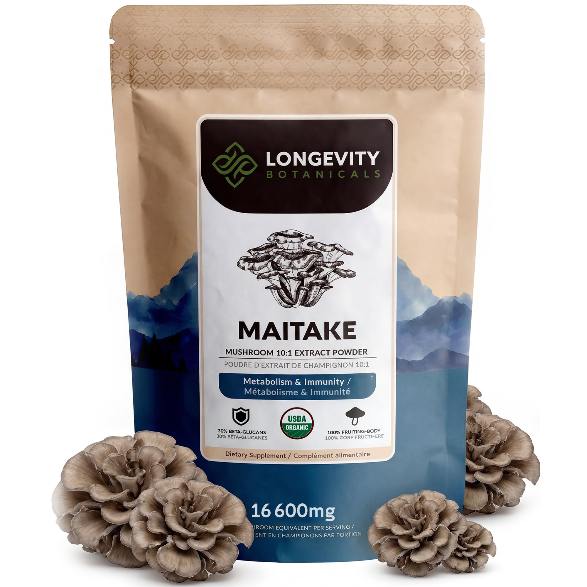Organic Maitake Mushroom Powder Supplement 100g | Pure Fruiting Body 10:1 High Strength Extract | 30% Beta-D Glucans | 16,600mg Raw Equivalent Per Serving | Immune, Metabolic & Wellness Support