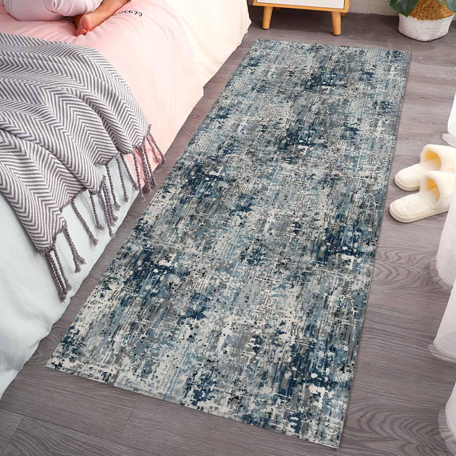Teamery Kitchen Mats for Floor Gradient Grey Navy Blue Washable Non Slip Kitchen Rugs 1PCS, Abstract Mottled Vintage Absorbent Standing Mats for Sink Bathroom Office Living Room 23.6x70.9in