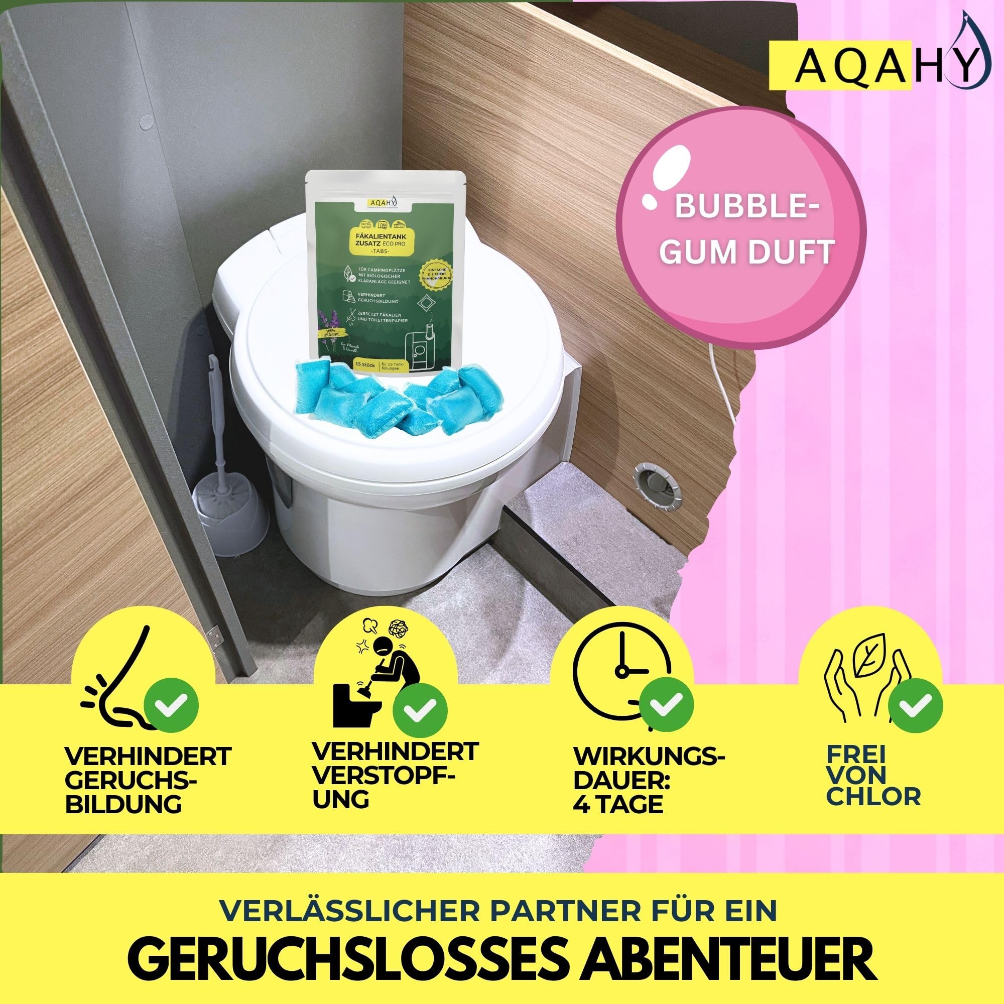 Bio Camping Toiletten Zusatz - WC Drops - Chemietoilette Tabs entfernt unangenehme Gerüche - made in DE (eco pro - bublegum - 15Tabs)