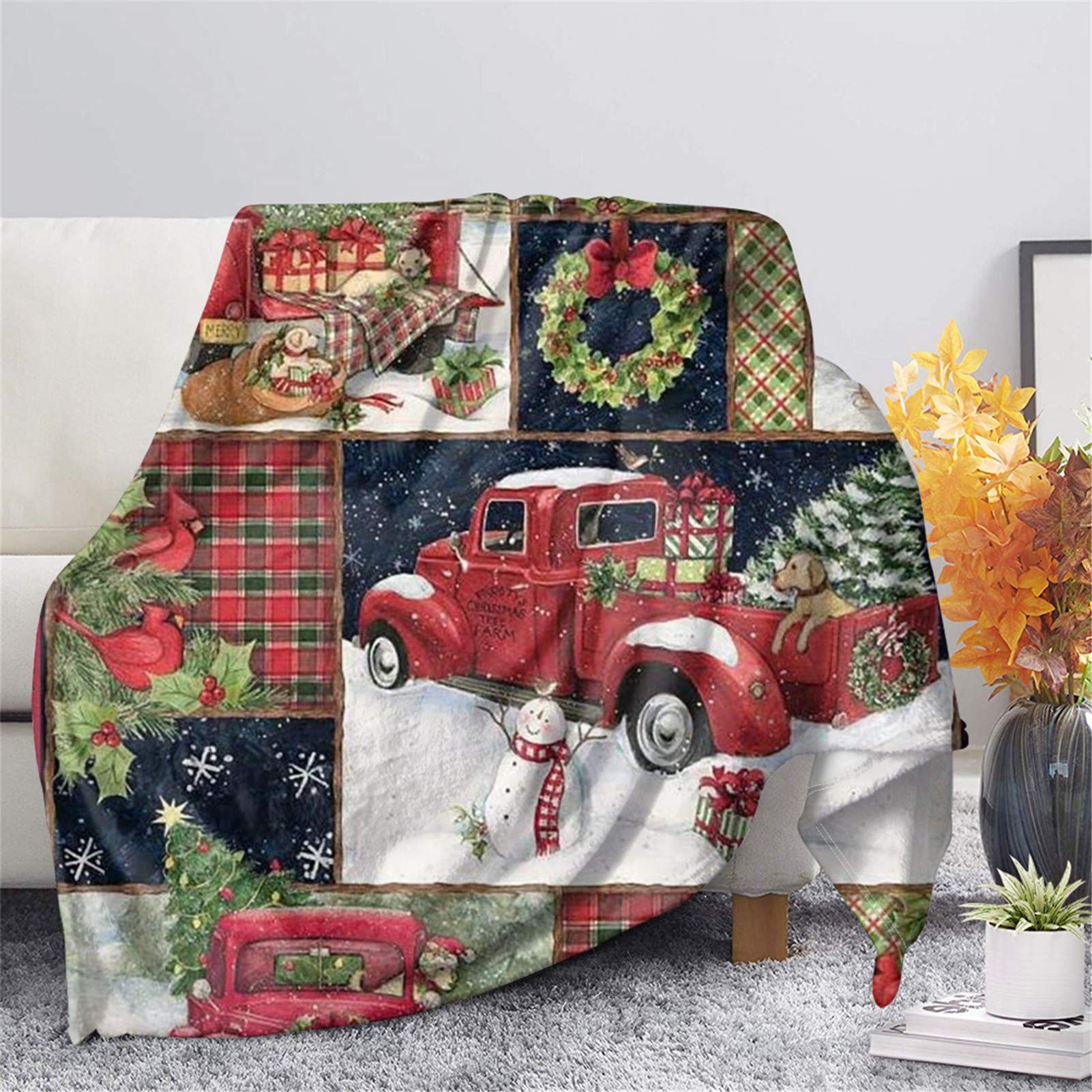 Couverture plaid écossais rouge à motif camion et chien SEANATIVE XL pour canapé