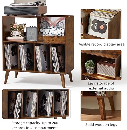 Miniatura 6 de LELELINKY Soporte grande para tocadiscos, soporte giratorio con almacenamiento, soporte para discos de vinilo con área de visualización, mesa para