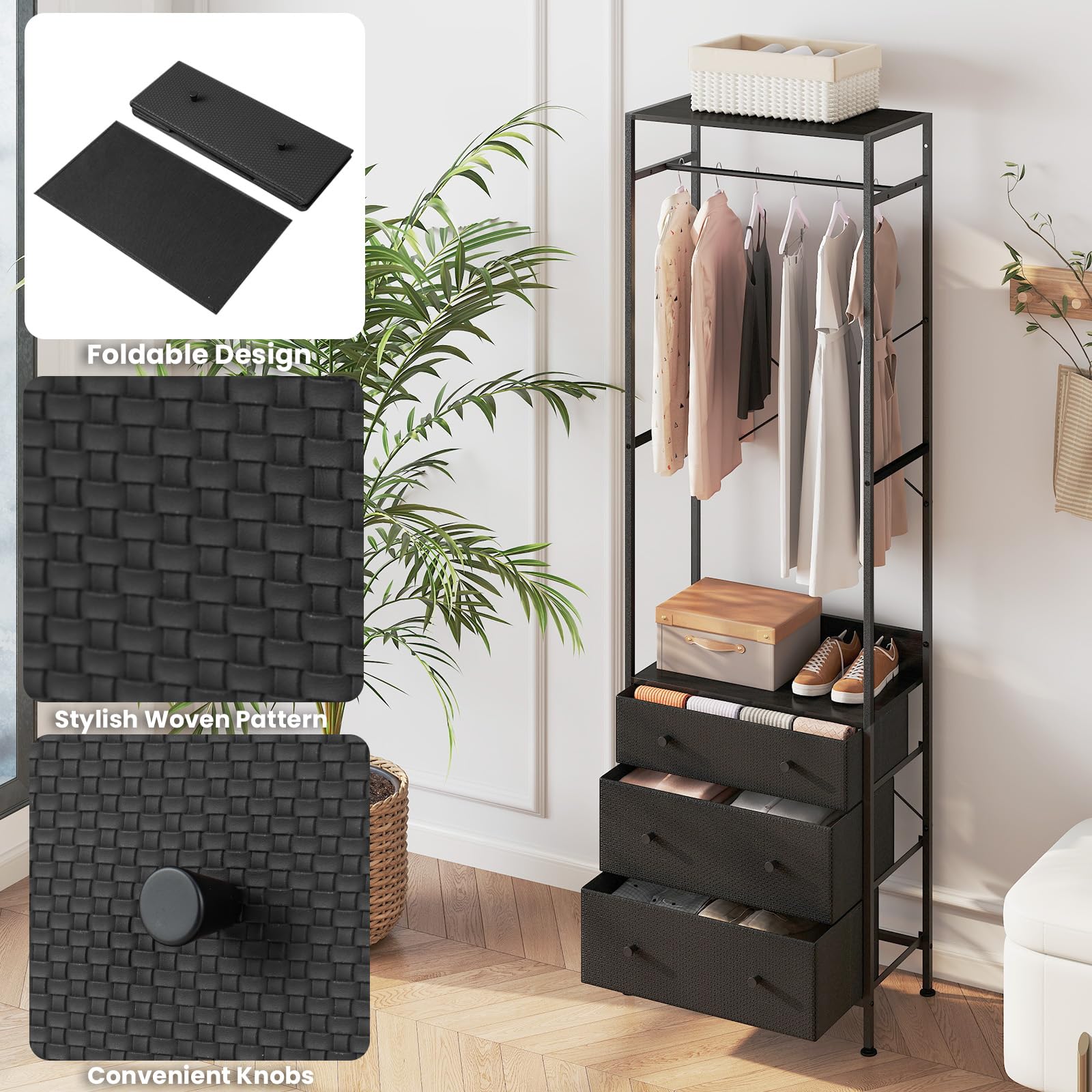 HOMASIS Appendiabiti da Terra con 3 Cassetti in Tessuto, Stand Appendiabiti in Legno e Metallo con Piedi Regolabili, Appendiabiti da Ingresso, Camera da Letto, 55 x 28 x 176 cm (Nero)