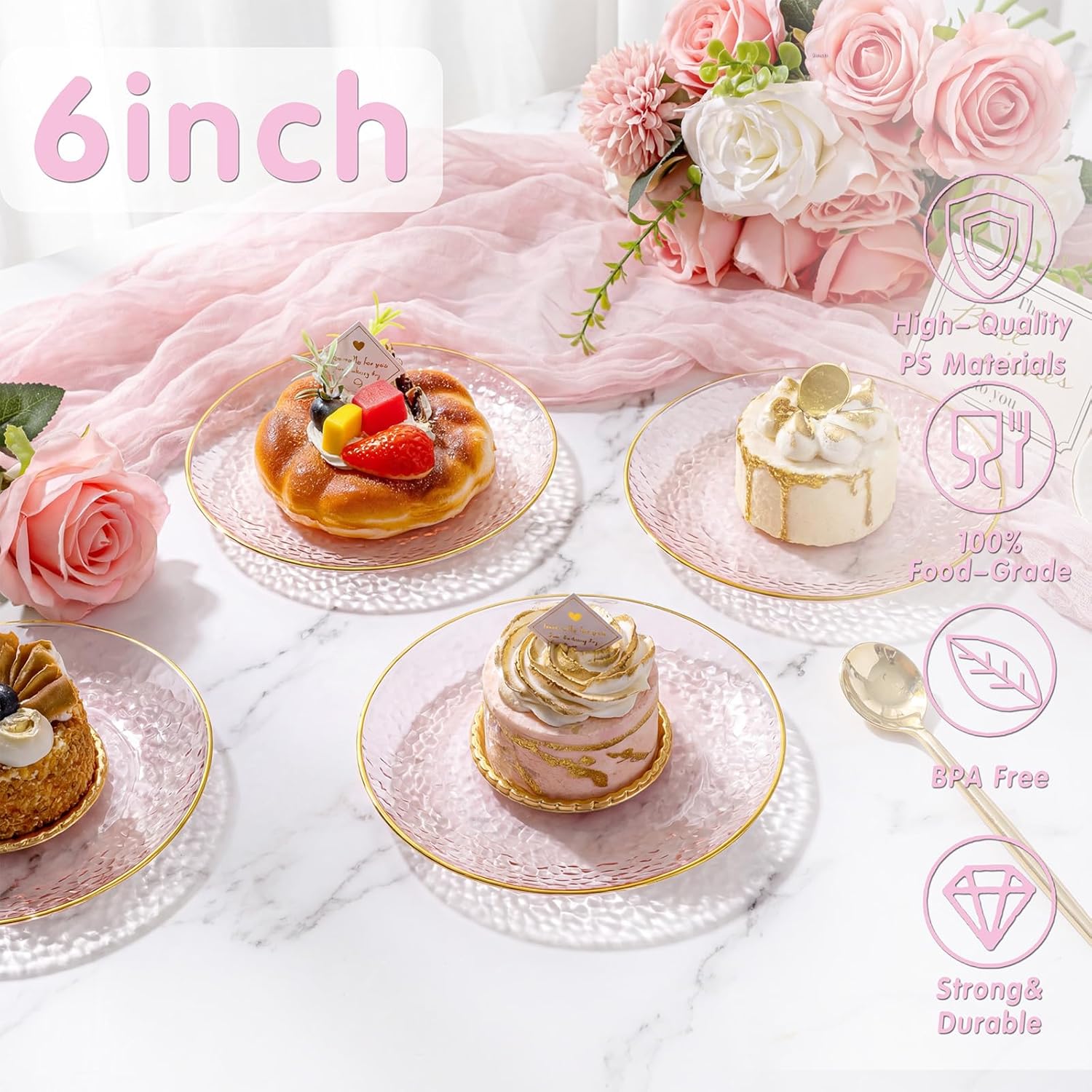 Rubtlamp 100Pcs Plastic Pink Dessert Plates, 6 Inch Pink Gold Appetizer Plates Disposable, Hammer Heavy Duty Small Salad plates, Fancy Cake plates For Birthday Wedding Teatime
