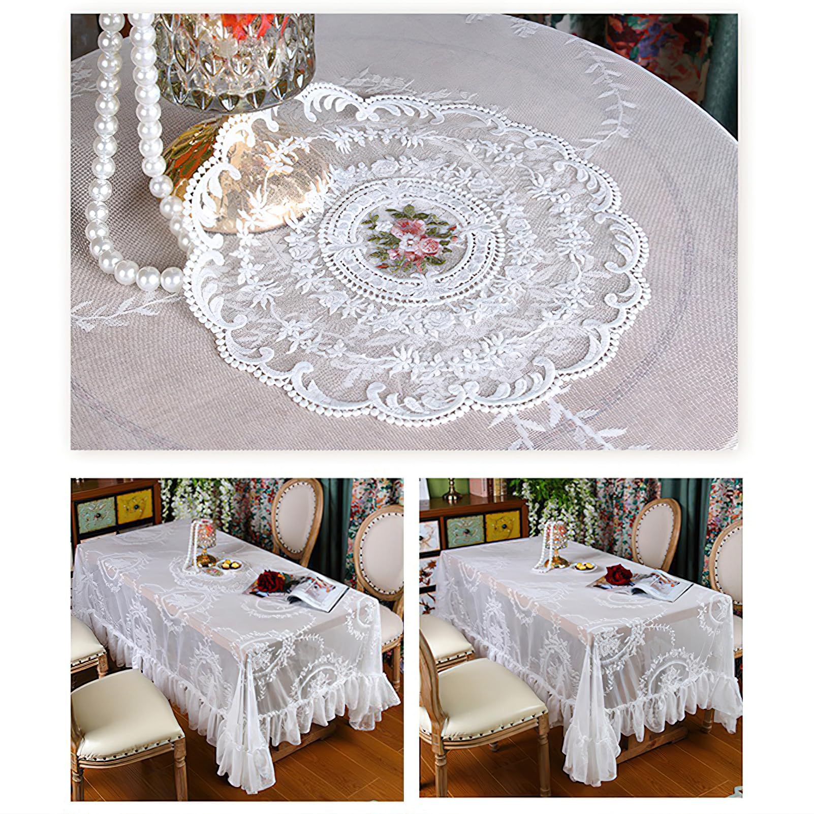 Vintage biały koronkowy obrus kwiaty haftowane falbany, kwadratowy obrus, francuski rustykalny szydełkowane falbanki, obrus na wesele, bankiet, dekoracja, 183 x 183 cm