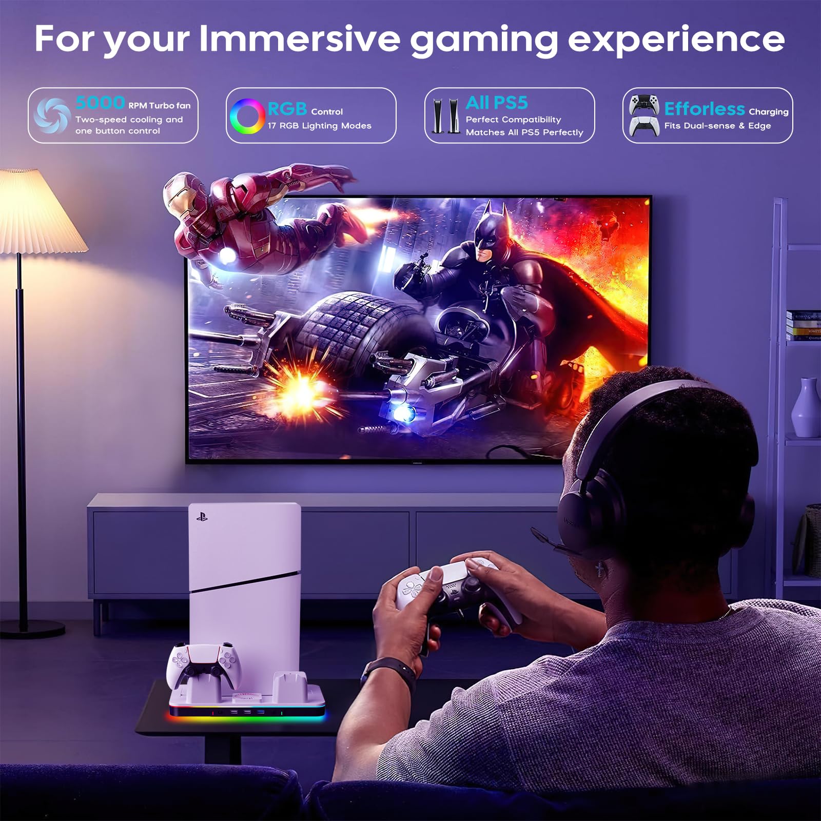 Supporto per PS5/Slim/Pro con Ventola di Raffreddamento, Ricarica Controller PS5, Base PS5 Supporto Verticale con Hub USB 3.0 per Playstation 5 Console Edizione Disco/Digital