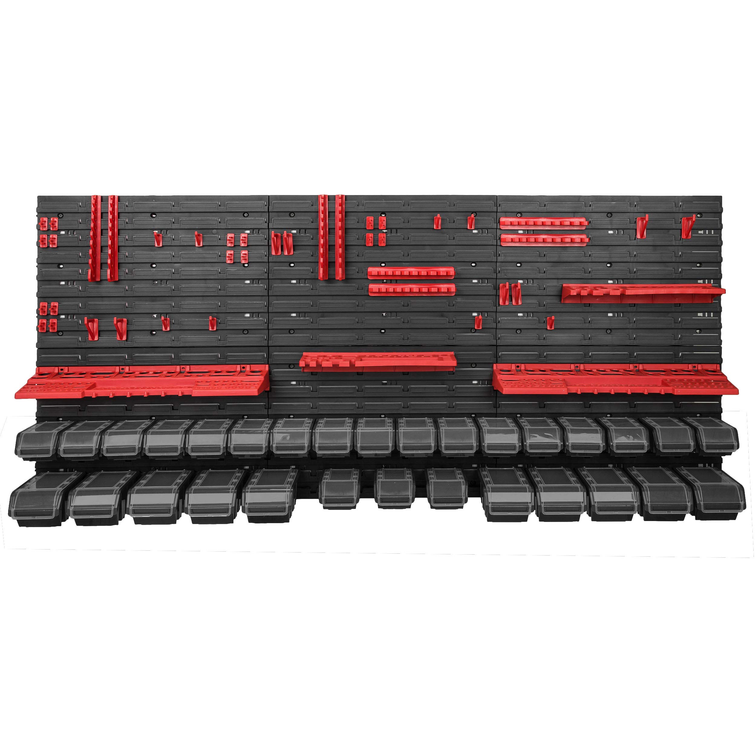 Estantería de Pared Botle de 178 x 78 cm, Kit de Almacenamiento con 30 Cajas de Plástico Negro con Tapa Transparente, Portaherramientas para Taller y Banco de Trabajo