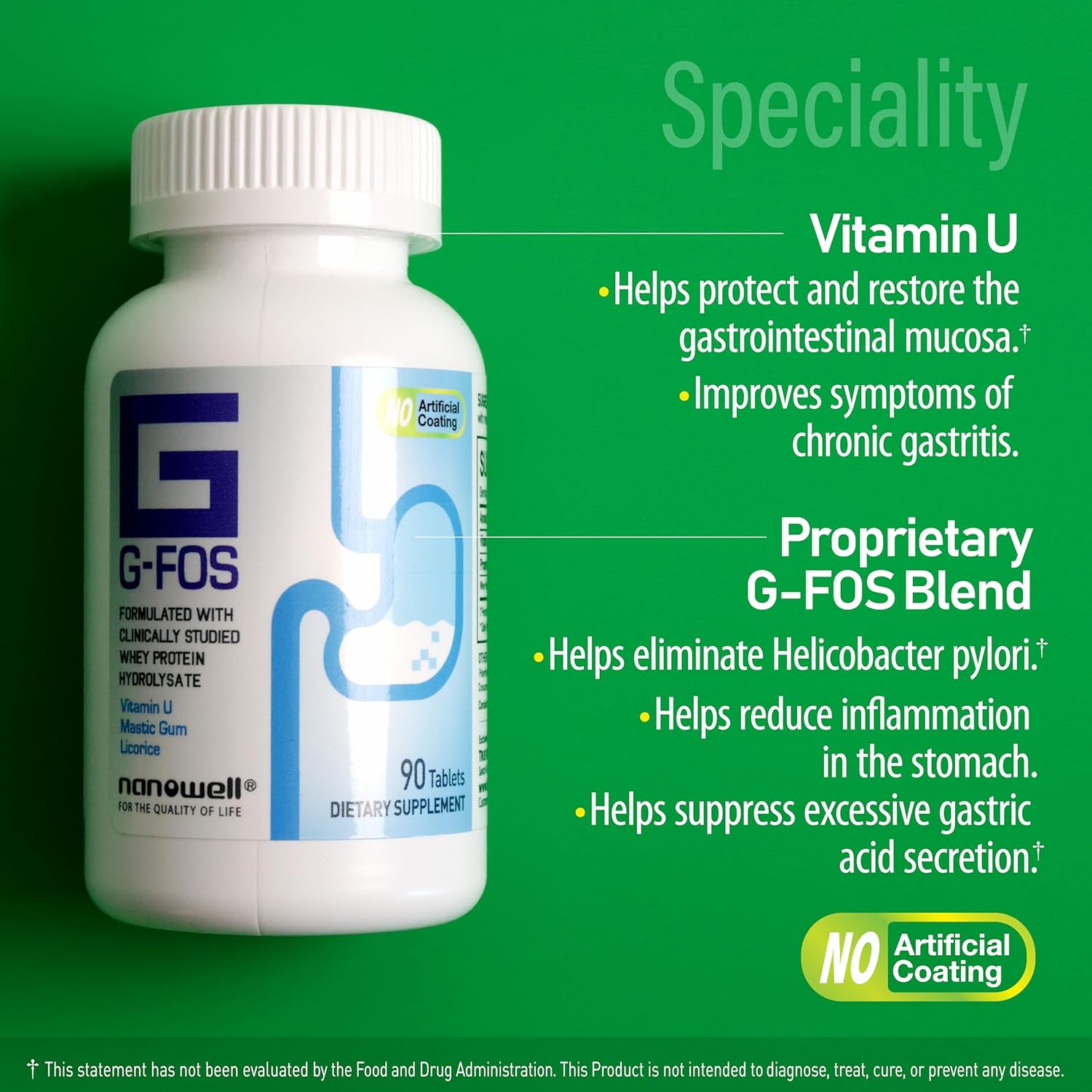 NANOWELL G-FOS Digestive Health Supplement, Vitamin U - 90 Tablets X 2 Bottles for 2 Months (180 Count)