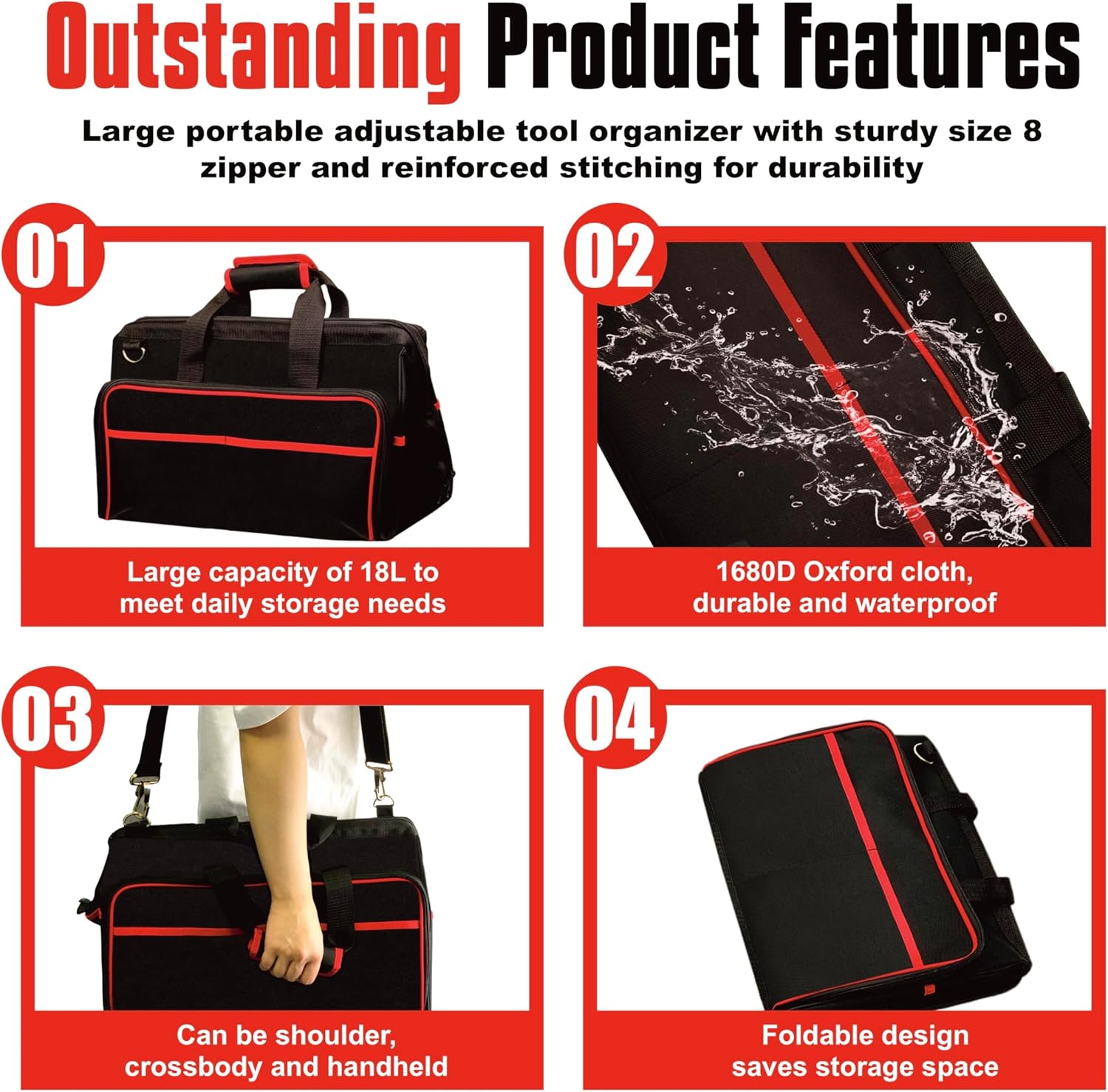 WETT Heavy Duty Tool Bag, 17.3-Inch 30-Pocket Large Portable Adjustable Tool Organizer Storage Bag with Large Zipper for Men, Carrying Toolbag, Electrician Mechanic Construction