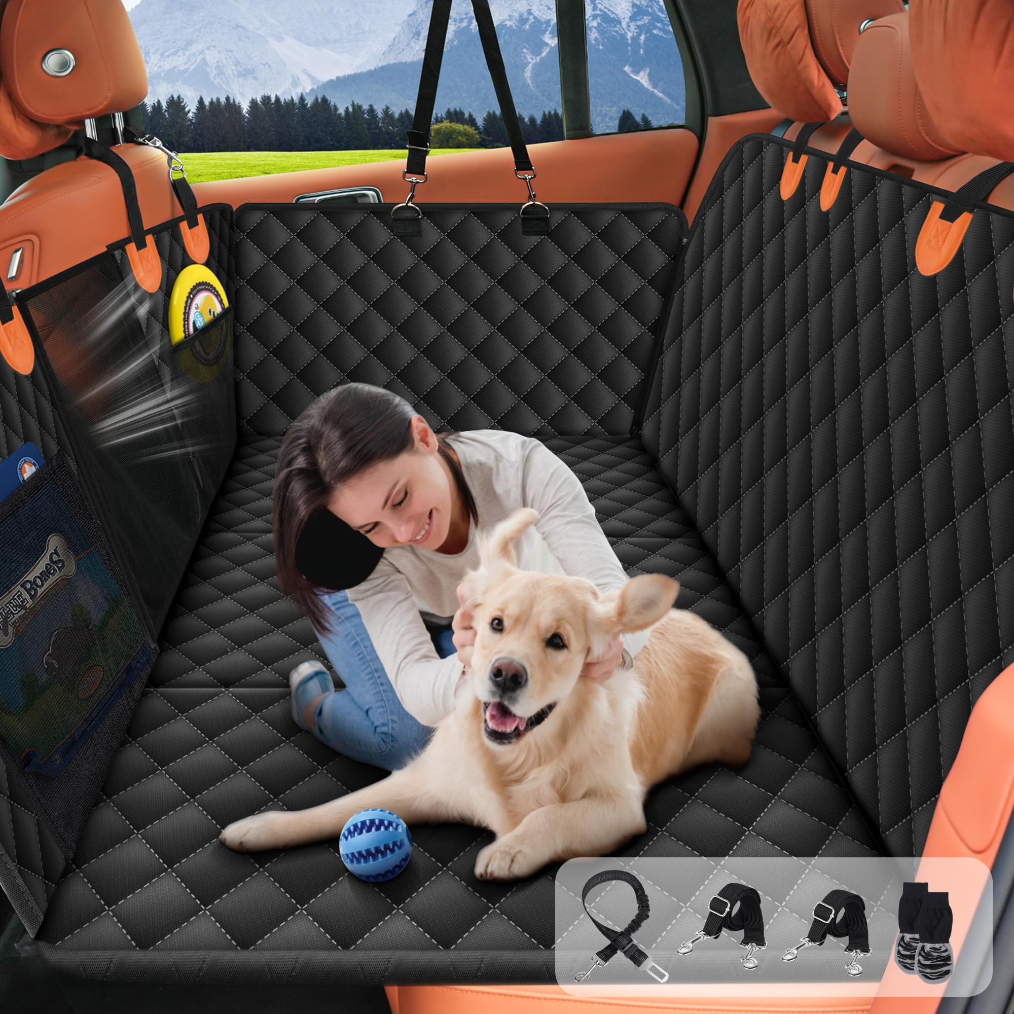 Back Seat Extender for Dogs, Holds 450 lbs, Hard Bottom Waterproof Dog Car Seat Cover for Back Seat, 600D Heavy Duty Scratch Proof & Nonslip Dog Hammock for Car, SUVs with Mesh Window & Storage Bags