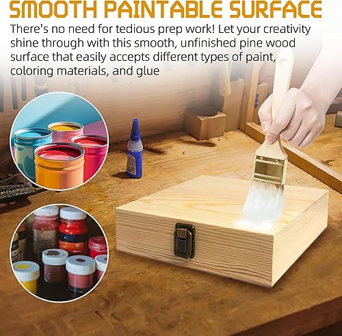 Miniatura 7 de Caja cuadrada de madera plana sin terminar de 8 x 8 x 2 pulgadas para bricolaje manualidades y almacenamiento caja de madera con bisagras duraderas