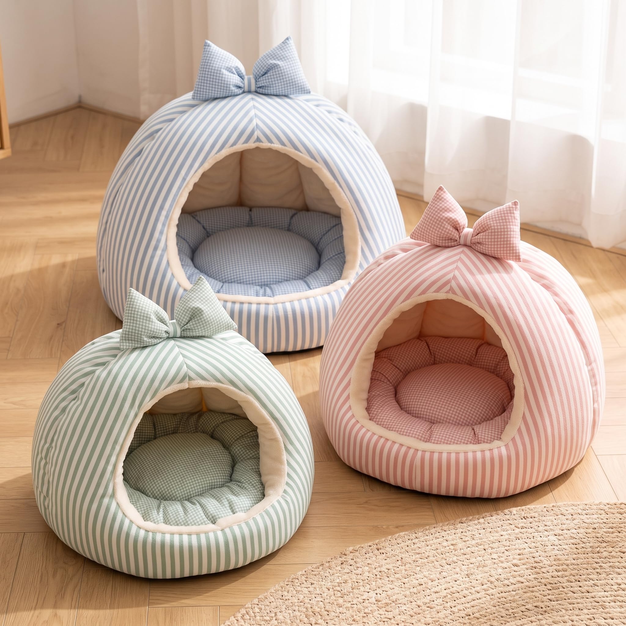 Katzenbett, Katzenhöhle flauschig, Katzenkörbchen aus PP-Baumwolle, Katzenhaus für den Winter, Grünes Schleifennest, M (bis 12 kg) 52 * 52 * 40CM