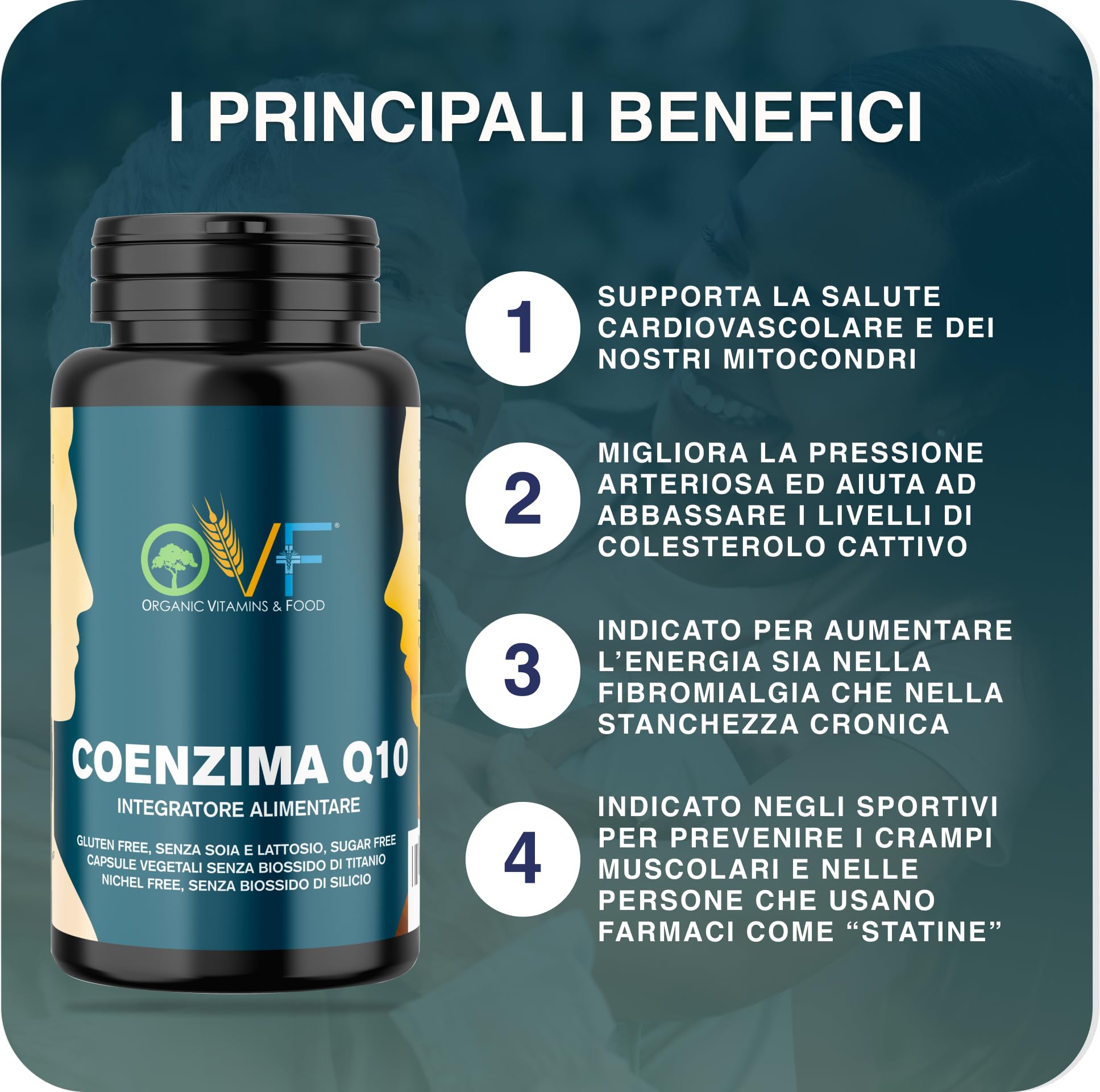 OVF Coenzima Q10 100mg (60 Cps) - Sostegno Energetico e Cardiaco - Integratore Naturale - Q10 Coenzima Antiossidante AntiAge per la Pelle e il Sistema Immunitario.
