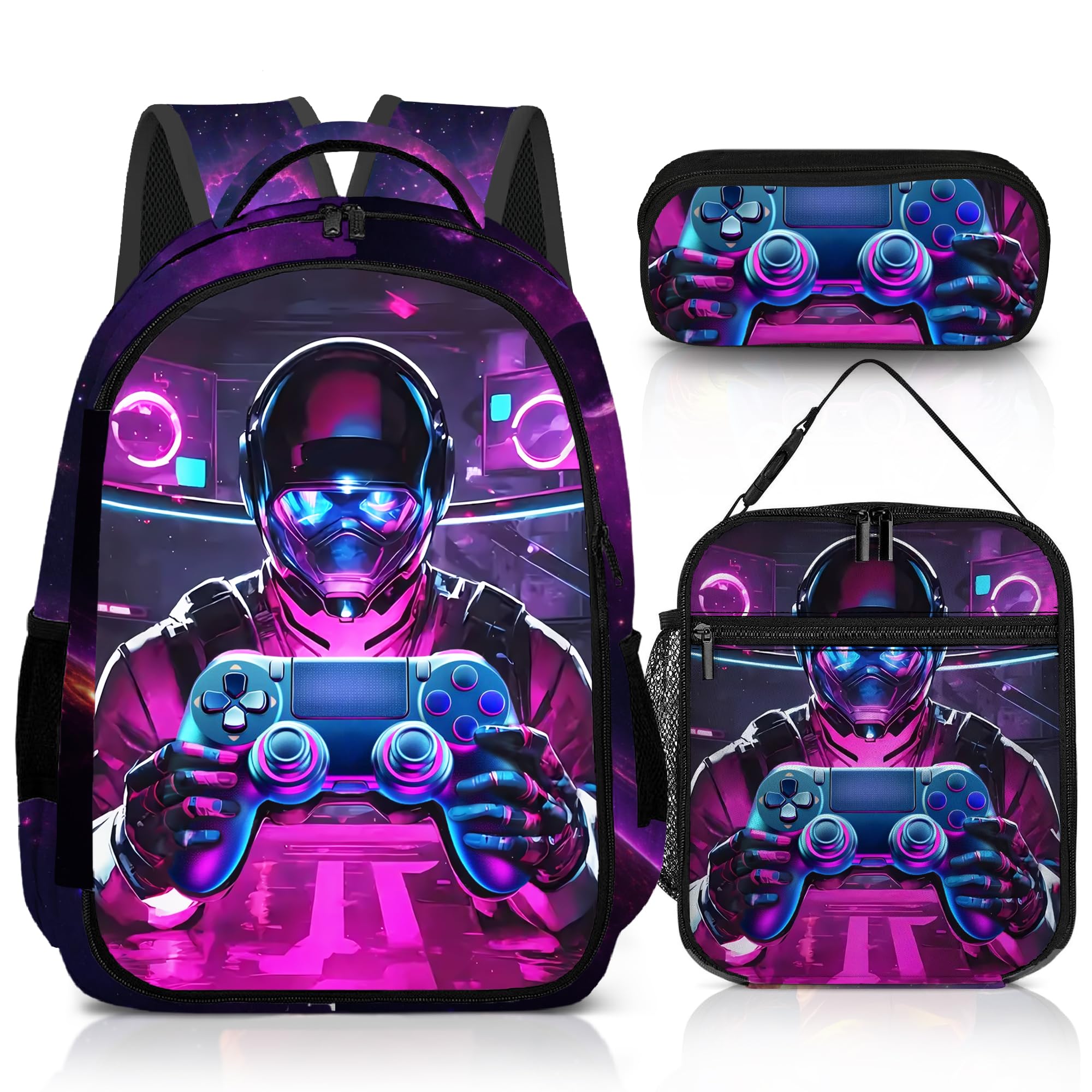 jvycjlu Game Backpack Set for Boys, Gaming Backpack 3 Pack, Boys Lunch Box, and Pencil Bag for Kids, 17"