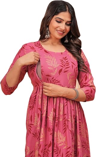 VARINYA Womens Rayon Maternity Kurti Nursing Dress, Anarkali Kurti with Feeding Zip, Pre and Post Pregnancy Wear