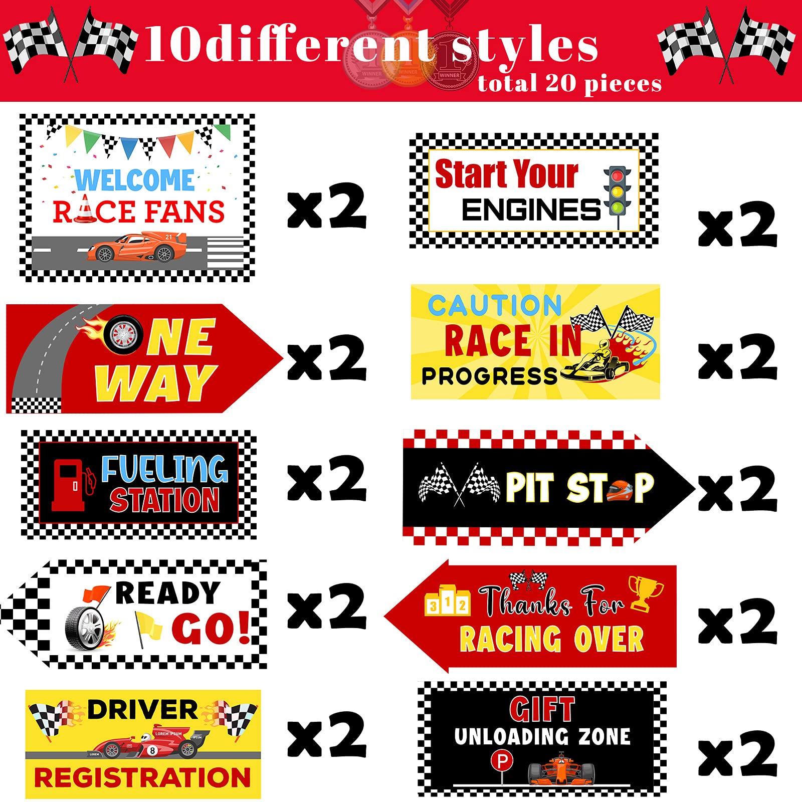 20 Pieces Race Car Party Sign Race Car Party Themed Directional Signs