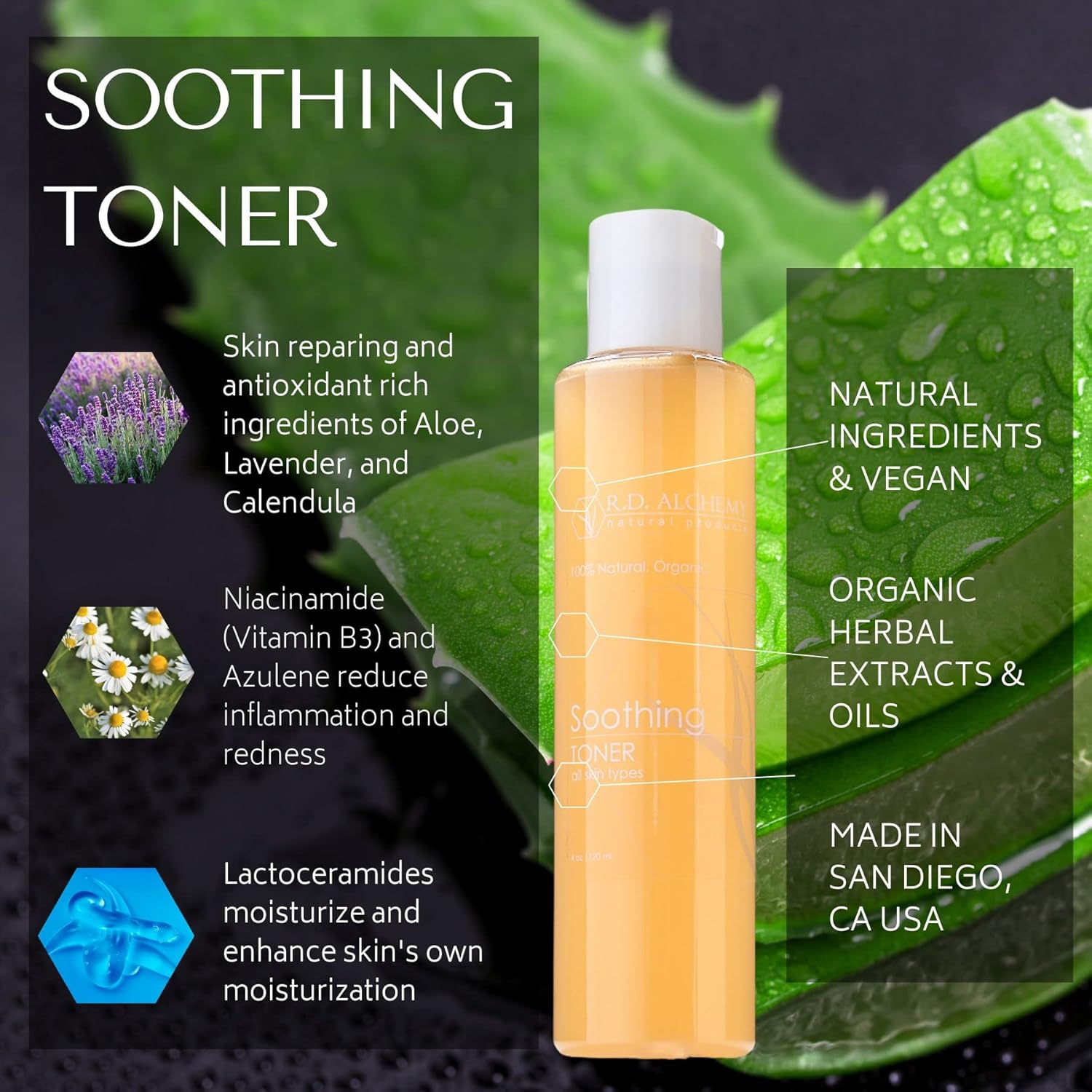 RD Alchemy - 100% Natural & Organic Soothing Toner - Soothing and Calming for Dry, Irritated or Sensitive Skin. Perfect for Home or Professional use to Reduce Redness and Pore Size.