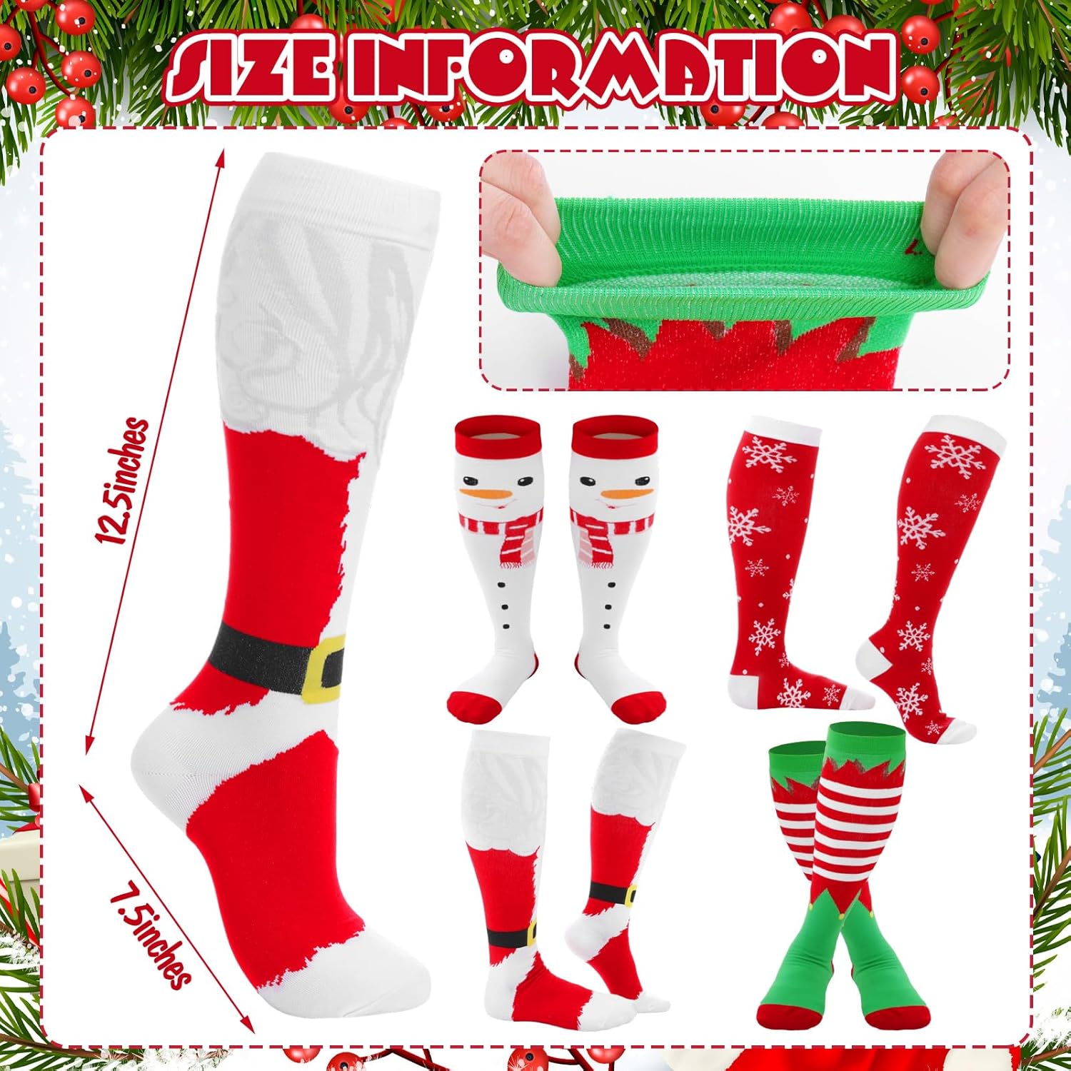 Suhine 4 Pairs Plus Size Christmas Compression Sock 3 XL Xmas Knee Long Calf Sock Stocking Gift for Women Nurses Men - Image 4