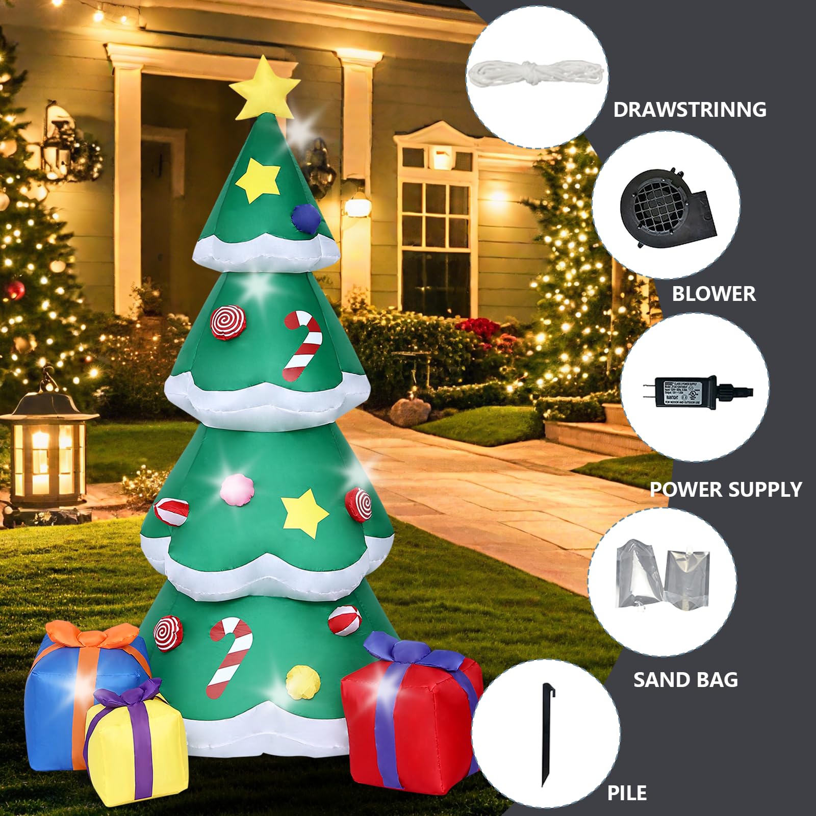 OHMG 2,1 m Decorazione natalizia per esterni, gonfiabile, con luci a LED, albero gonfiabile, con sacchetto regalo, gonfiabile, per giardino, prato, terrazza, festa
