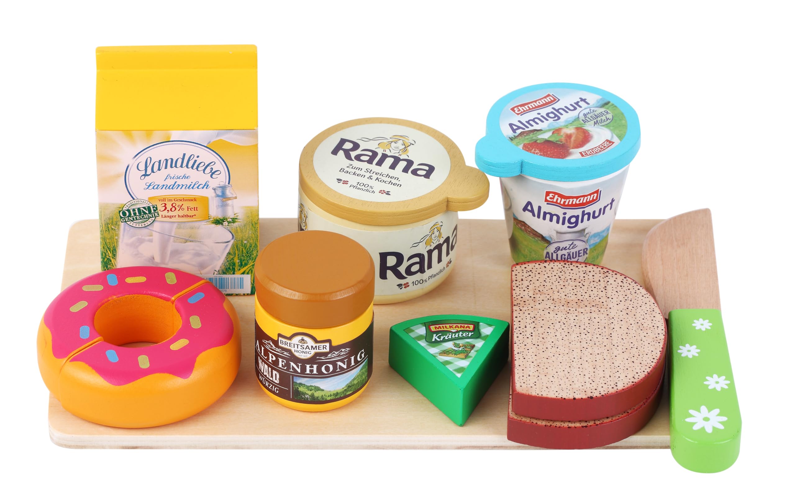 Tanner Der kleine Kaufmann Tanner Deco 0902.6 zestaw śniadaniowy z drewna, z różnymi produktami, akcesoria do sklepu handlowego, design bezpieczny dla żywności