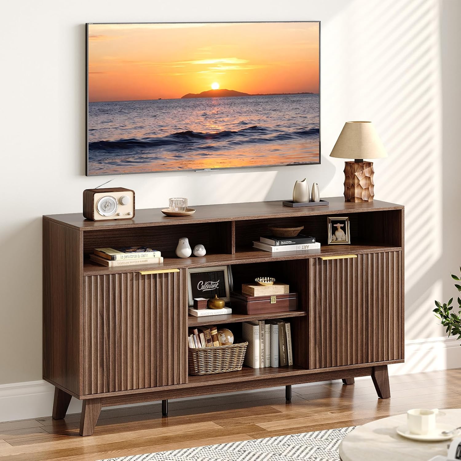 VINGLI 58" Fluted TV Stand with 4 Shelves and 2 Cabinets, Rustic Brown