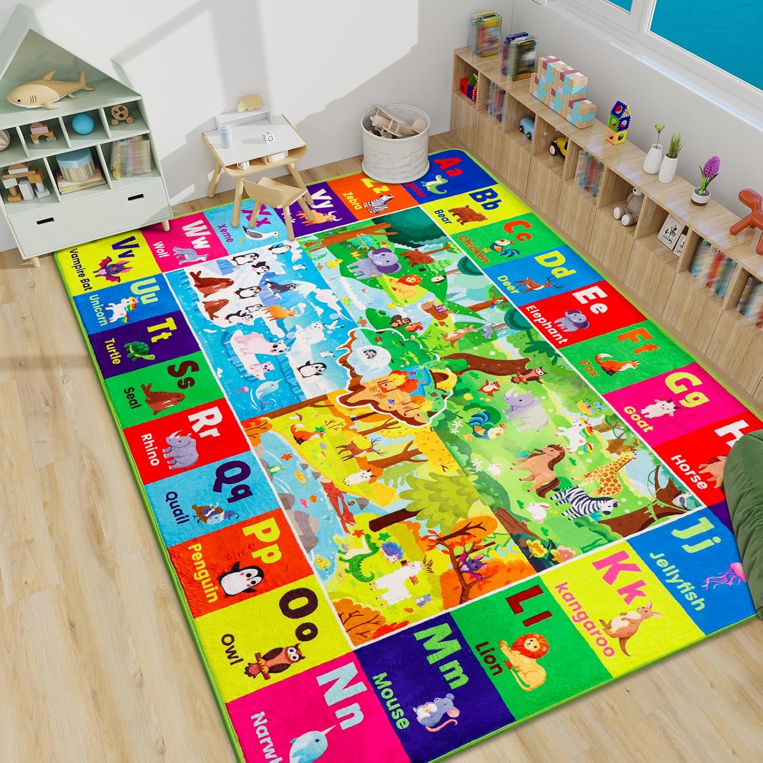 ABC Kids Rug for Playroom,78.7"×59" Animals Baby Play Mat,Toddler Educational Play Mat with Alphabet Numbers Seasons Shapes,Educational Kids Carpet Classroom Area Rugs for Kids Room Classroom
