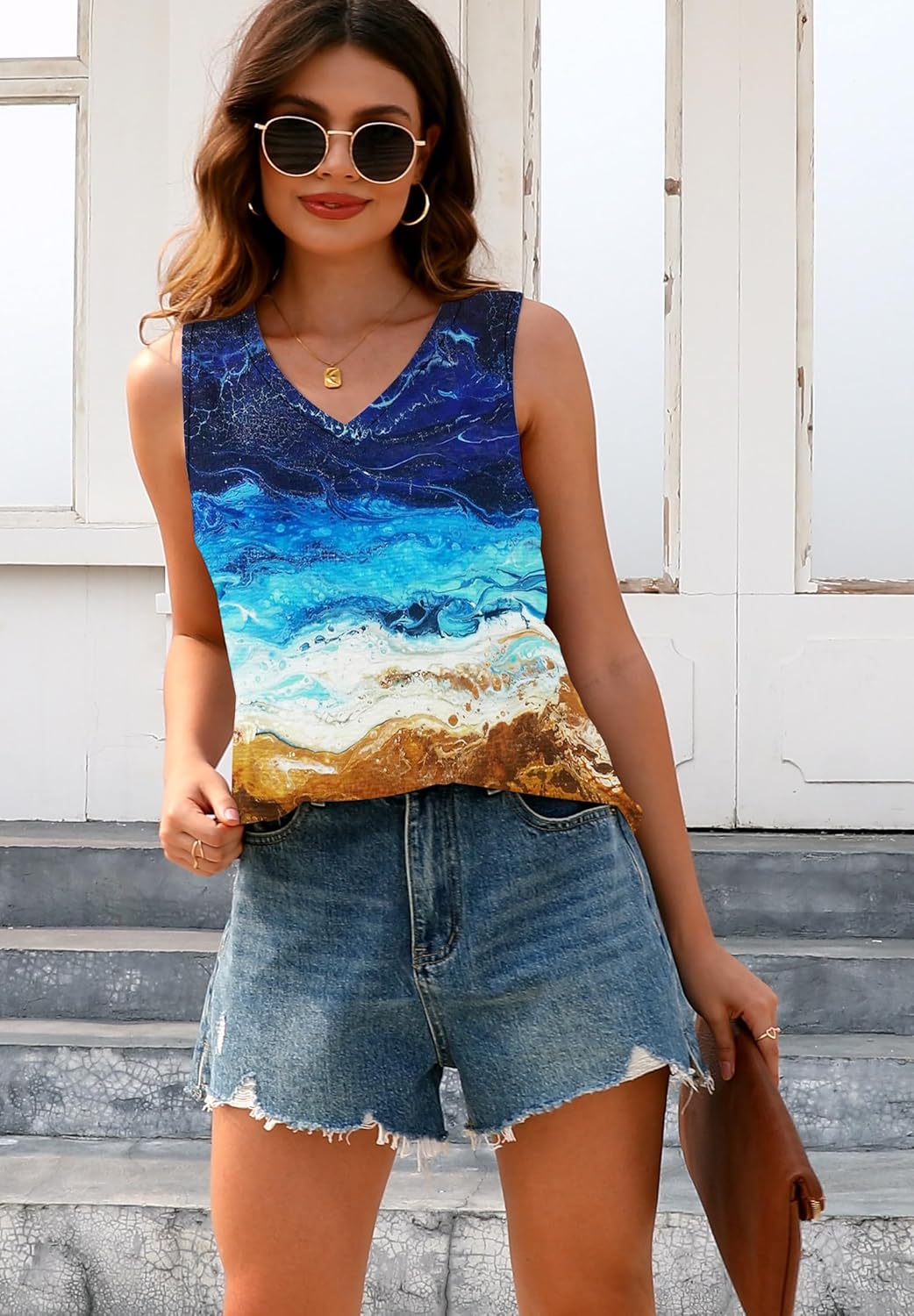 ETCYY Womens Summer Tops Sexy Tie Dye V Neck Tank Top Loose Fit Cute Printed Workout Sleeveless T Shirts - Image 3