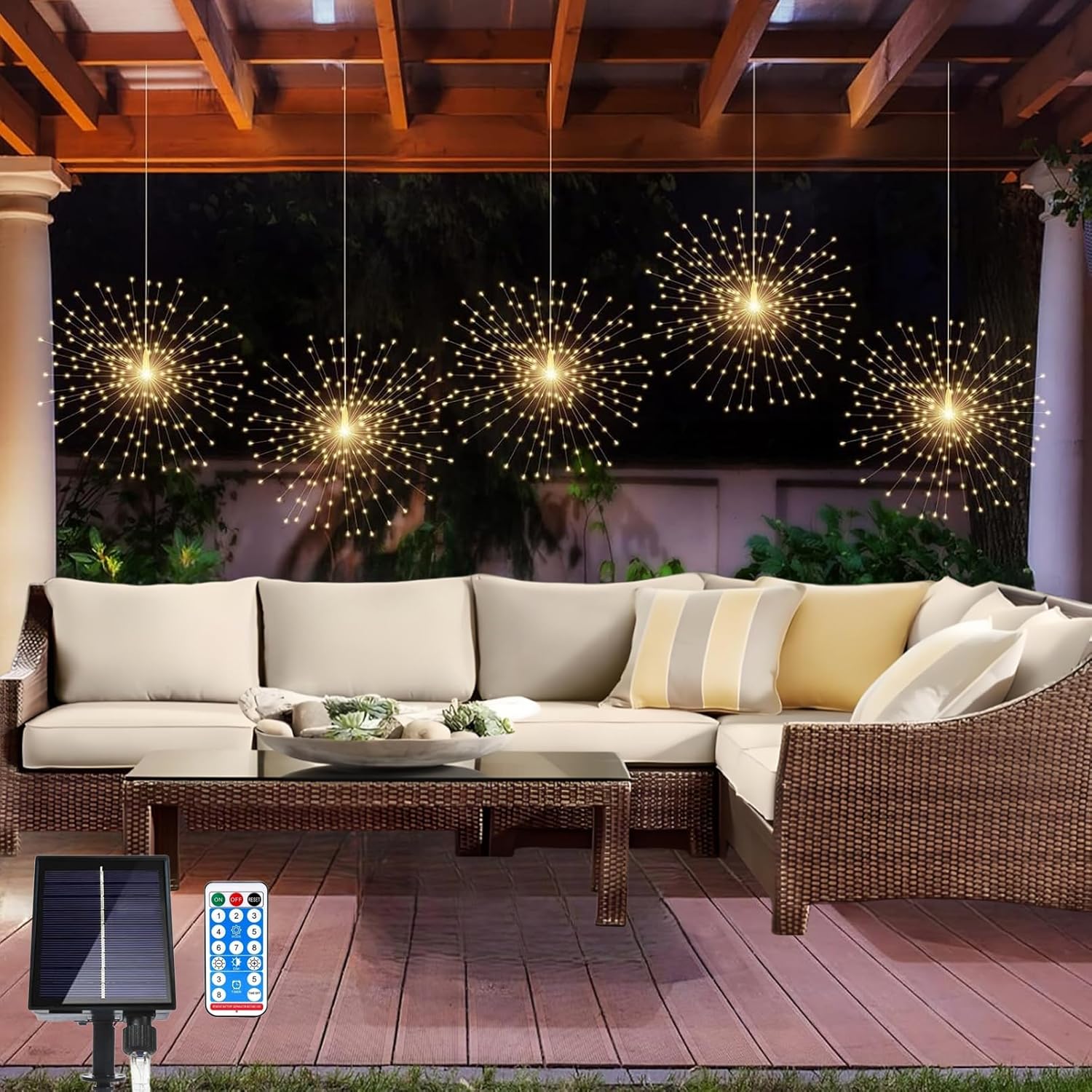 5 Pack Solar Firework Lights, 450 LED 8 Modes Dimmable Waterproof Hanging DIY Starburst Fairy Lights with Timer for Party Garden Indoor Outdoor Decoration (Warm White, 450)