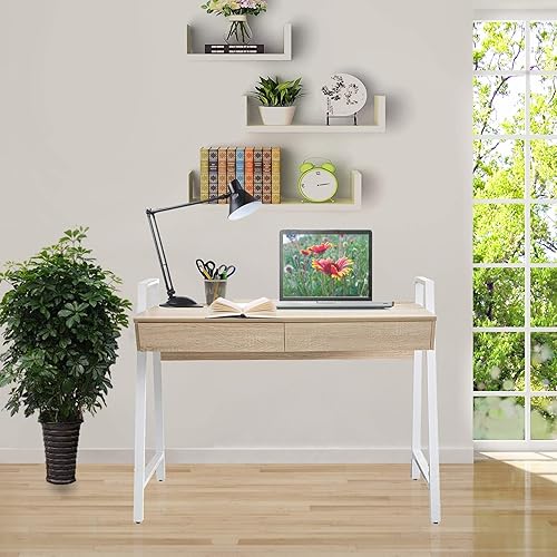 Miniatura 2 de Escritorio de madera para computadora con cajones para espacios pequeños, escritorio para el hogar, apartamento, oficina (beige)