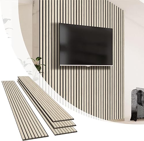 Olanglab - Paquete de 4 paneles de pared 3D acústicos de listones de madera, 94.5 x 12.6 pulgadas cada uno, para decoración de pared interior (roble
