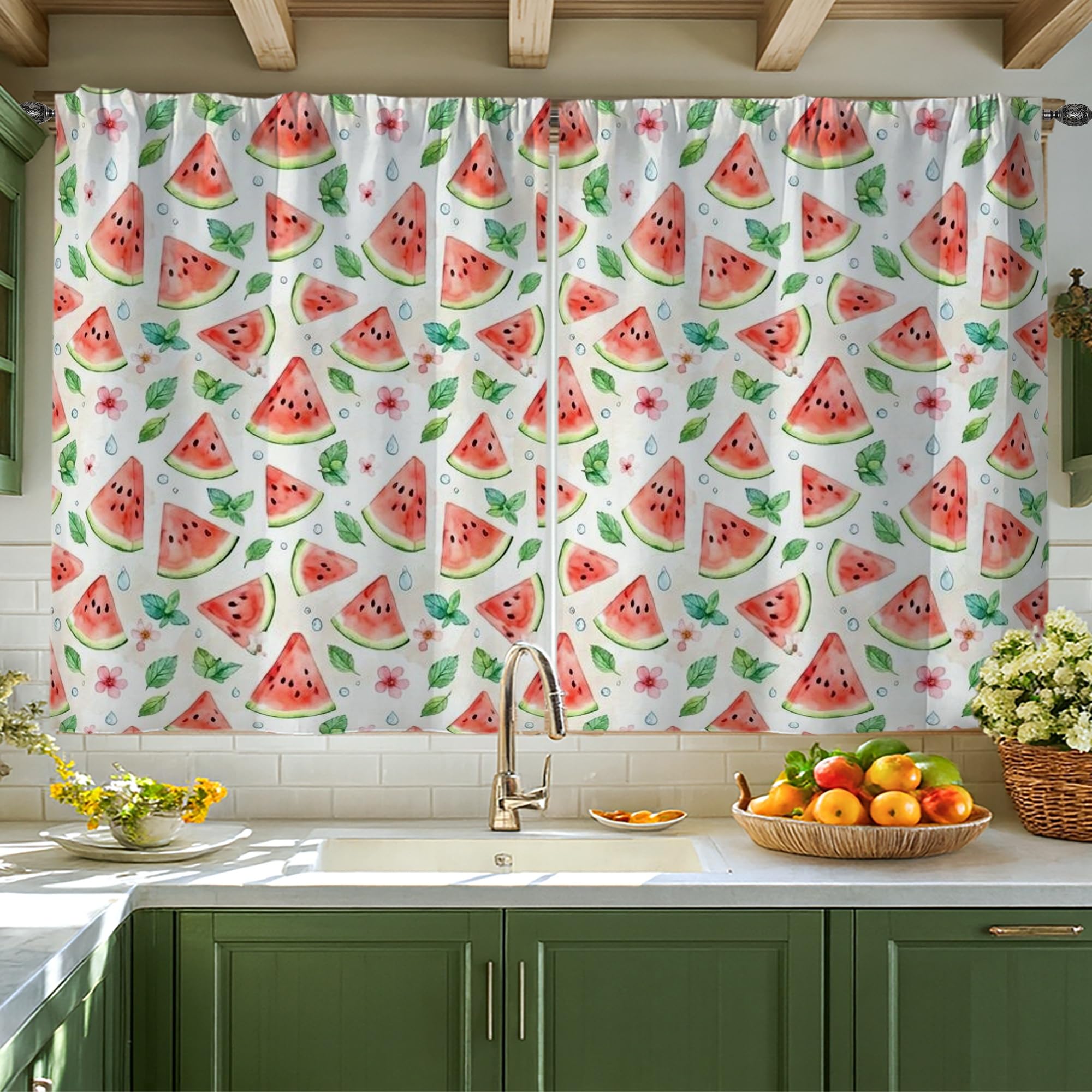 Rideaux de cuisine motif floral menthe vert d'été pour fenêtre