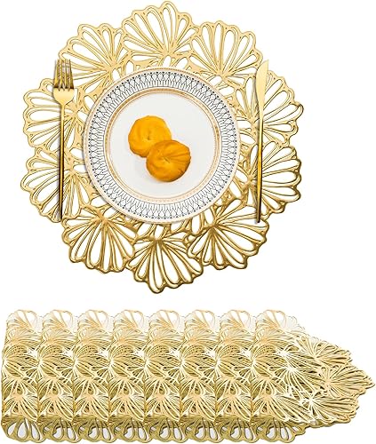 Miniatura 67 de BACKTOEDEN Juego de 6 manteles individuales redondos de color dorado claro, lavables, limpiables, resistentes al calor, manteles individuales de
