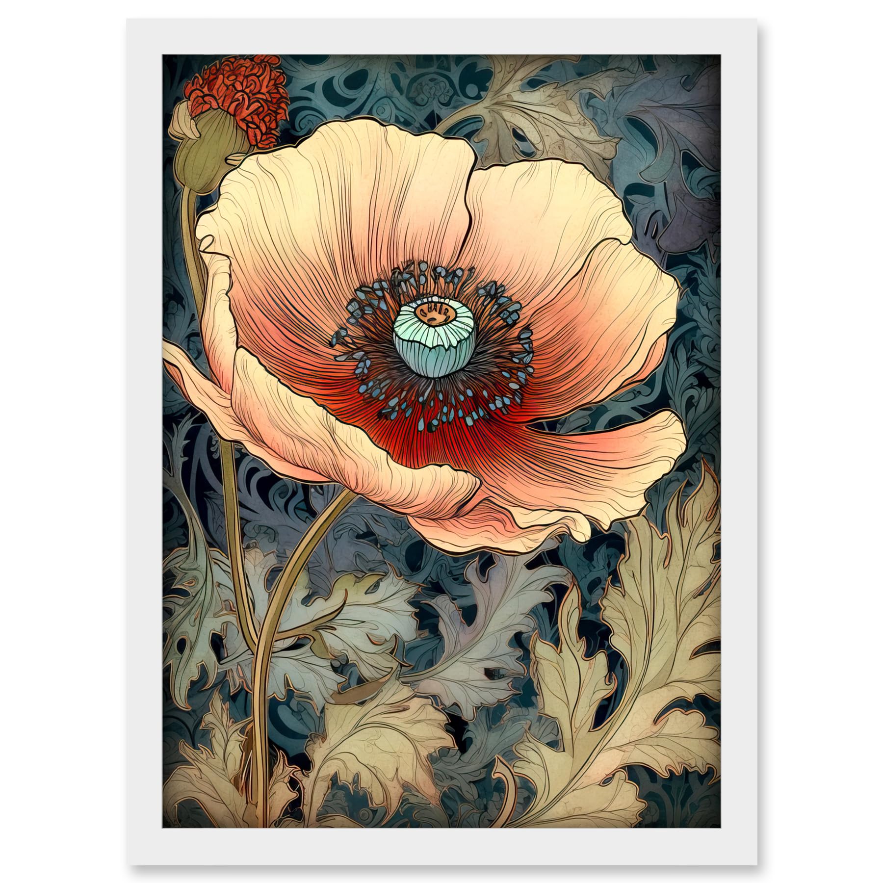 Artery8 William Morris Style Peach Anemone Flower Bloom Artwork Framed A3 Wall Art Print