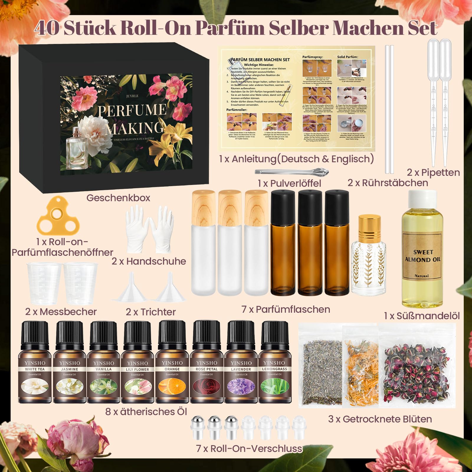 JUYRLE Parfüm Selber Machen Set, Kreative Bastelset Erwachsene DIY Set | Roll-On Perfume Oil Making Kit, Mini Düfte Roller mit Ätherisches Öl Klein Sprühflasche, Als Geschenk für Damen / Frauen