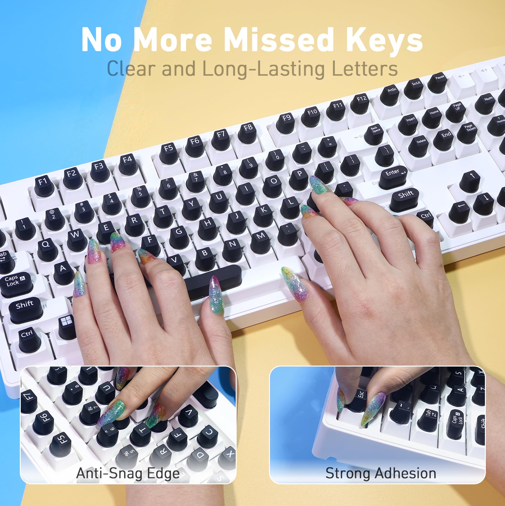 Lot de 130 autocollants en silicone pour clavier à ongles longs, stables et confortables, anti-dommages, touches symboliques et alphanumériques pour claviers et ordinateurs portables (noir, 130 pièces