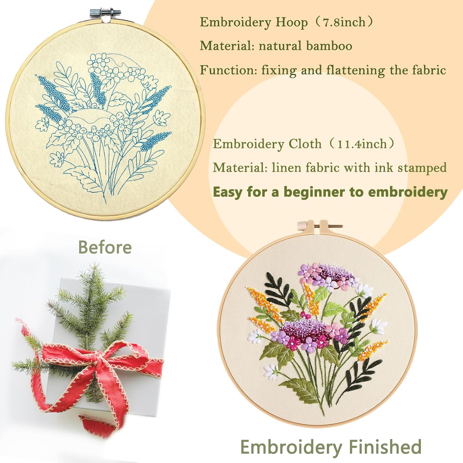 Picoey Flower Embroidery Kit for Beginners with Flower Pattern and Instructions,4 Pack Cross Stitch Kits,2 Wooden Embroidery Hoops,Threads and Needles,Needlepoint Kit for Adults