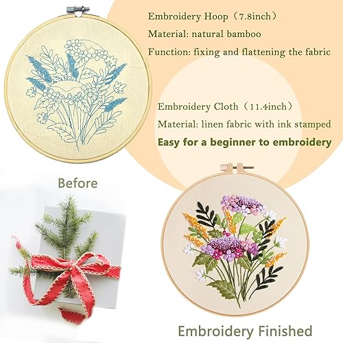 Miniatura 3 de Kit de bordado para principiantes, paquete de 4 kits de punto de cruz, 2 aros de bordado de madera, tijeras, agujas e hilos de color, kit de punto