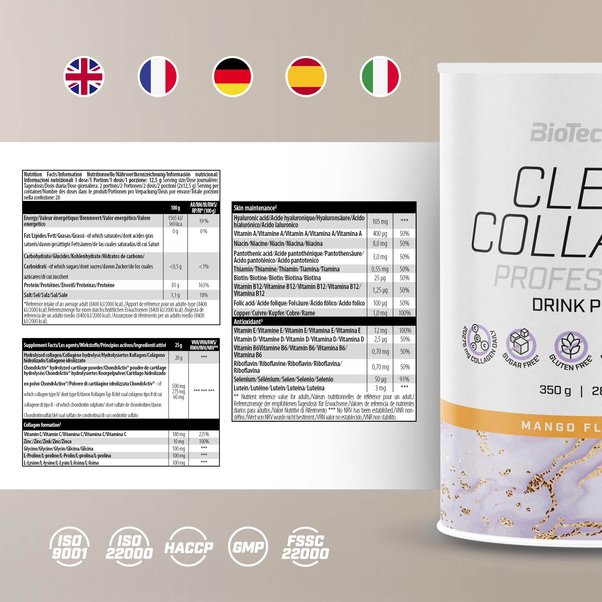 BioTechUSA Clear Collagen Professional | Boisson en poudre aromatisée | 20,275 mg de collagène de type I et II | Acide hyaluronique | Vitamines et minéraux | Sans sucre, 350g, Mangue
