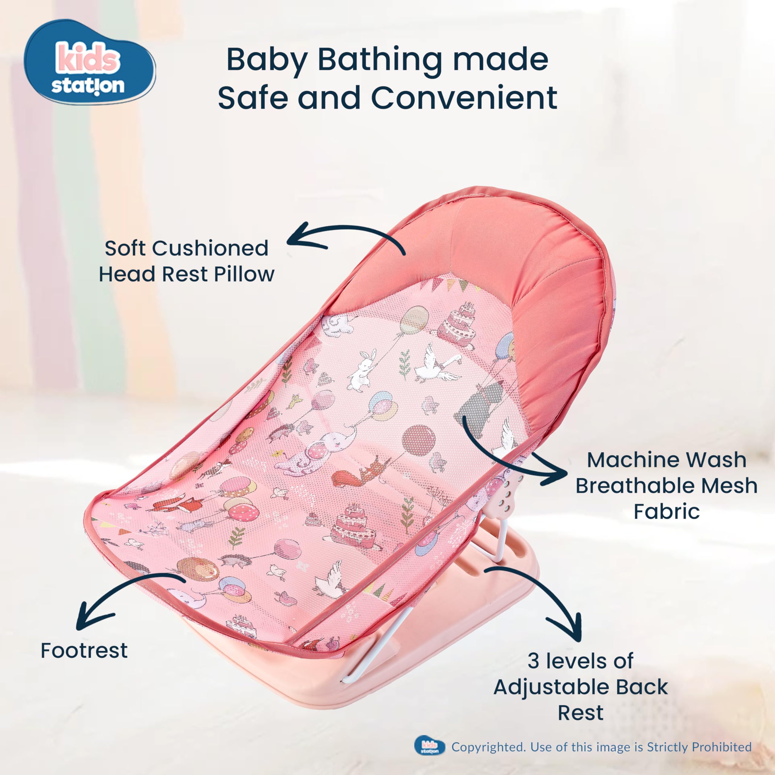 Kids Station Newborn Baby Bather | Bath Chair for Newborns and Infants 0-12 Months | Foldable | 3 Position Adjustable Chair | Anti Skid Base | Washable Soft Mesh Seat | for Babies Upto 5Kg (Pink) - Image 2 thumbnail