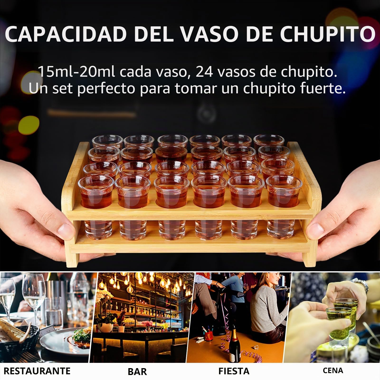 Juego de vasos de chupito, soporte de cóctel de madera y vaso de chupito, organizador de mesa de servir bebidas, 24 agujeros con transparente, 24 piezas de 15 ml -20ml para bebidas