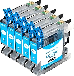 5 Ink Cartridges compatible with Brother LC-123 with Chip and Level Indicator (Cyan) for Brother DCP-J132w DCP-J150 DCP-J152w DCP-J152wr DCP-J172w DCP-J4110dw DCP-J4110w and others