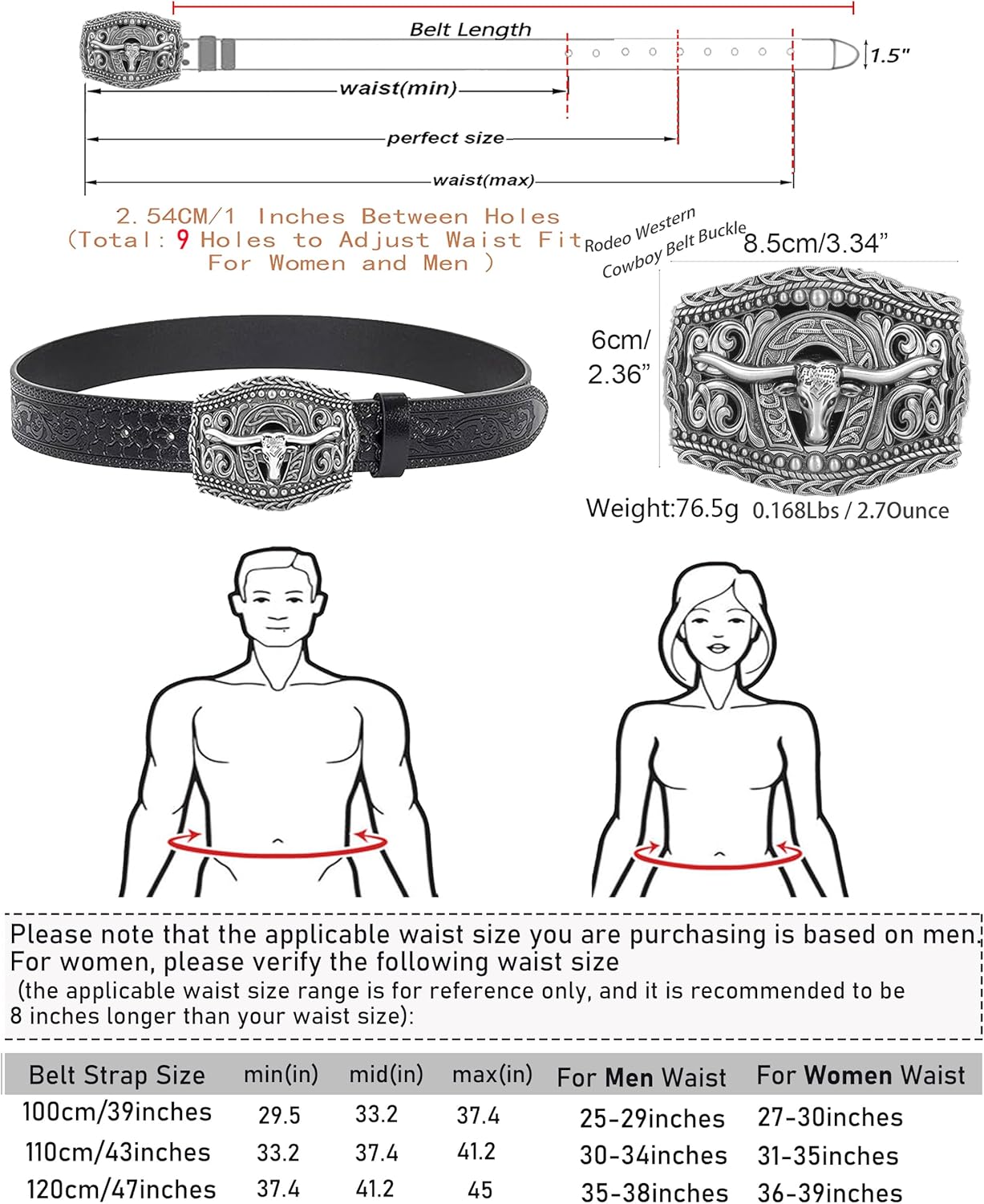 Western Cowboy-Belts for Women Big-Buckle Longhorn-Bull PU-Leather Rodeo Cowgirl-Belt Engraved Floral - Waist 25-38" - Image 2