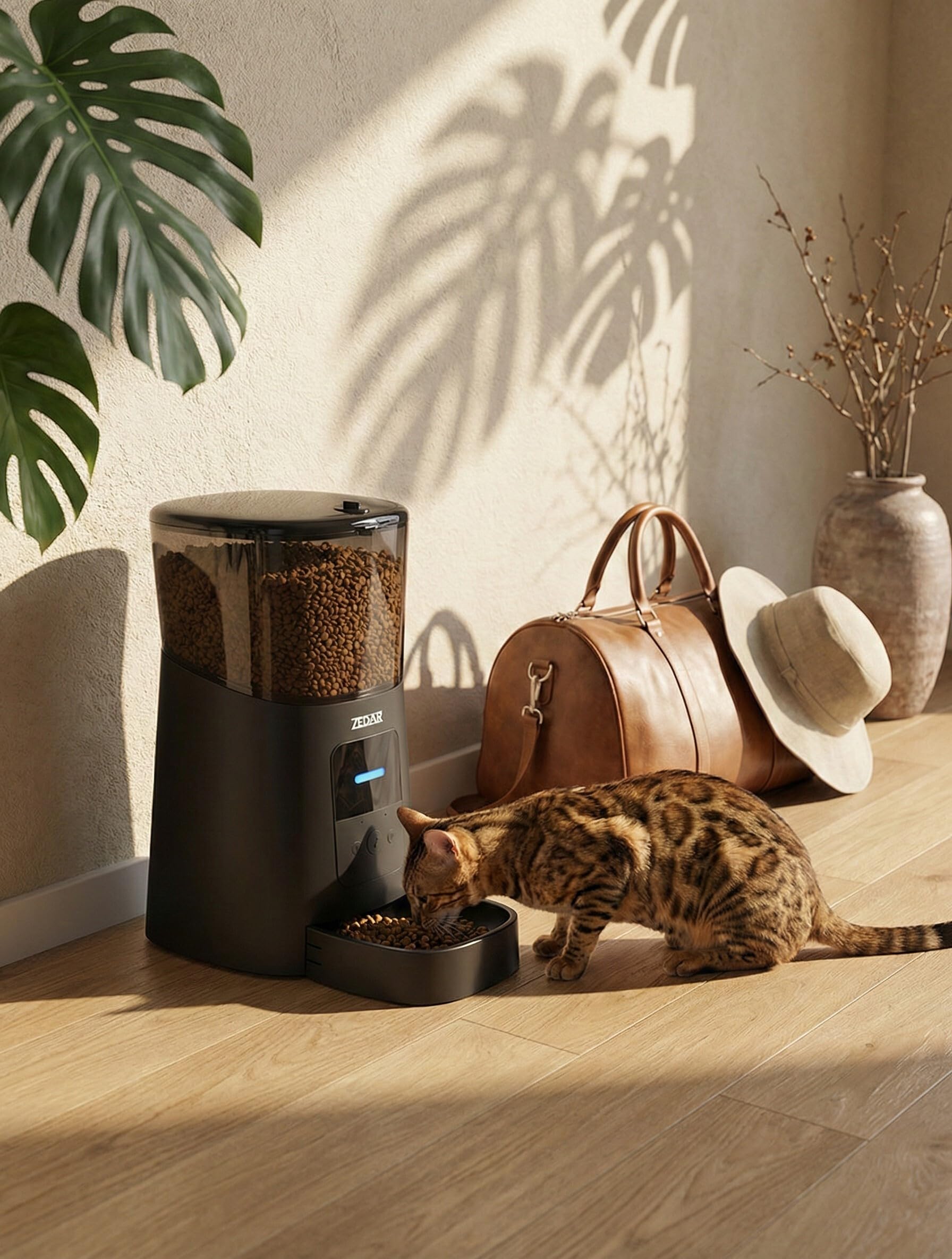Futterautomat Katze - Edelstahl napf - 6 Liter - mit APP Steuerung - Automatischer Futterspender für Trockenfutter - Design für Katzen & Hunde - Schwarz - Zedar A600