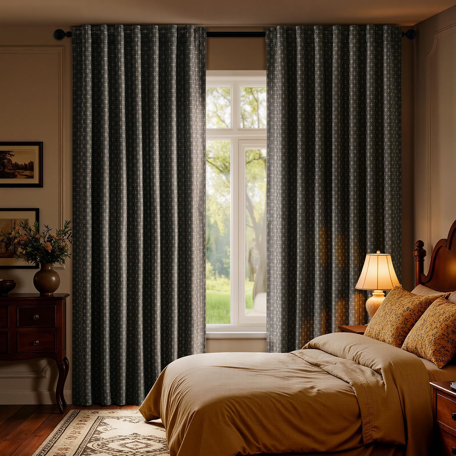 MIULEE 100% Blackout Decorative Linen Curtains with Geometric Pattern, Thick Woven Farmhouse Rustic Patterned Drapes with Back Tab for Bedroom and Living Room, Dark Grey, 52 x 84 Inches, 2 Panels