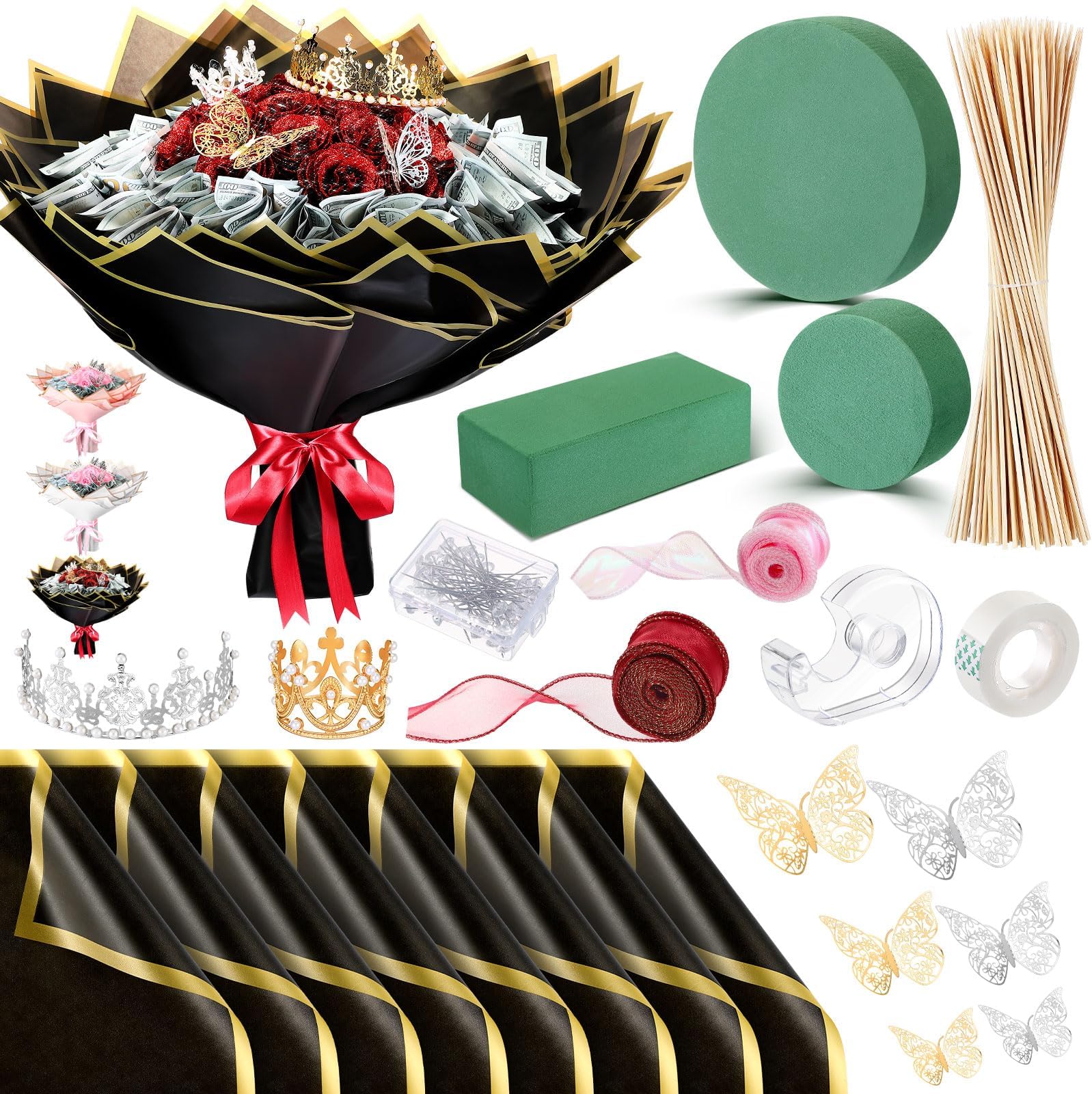Marspark Valentines Day Money Bouquet Flower Kit Gift Included 20 Sheet Flower Wrapping Paper 36 Fake Flowers 100 Bamboo Skewer Floral Foam Block For Anniversary Birthday Wedding(Light Purple,Classic - View #5