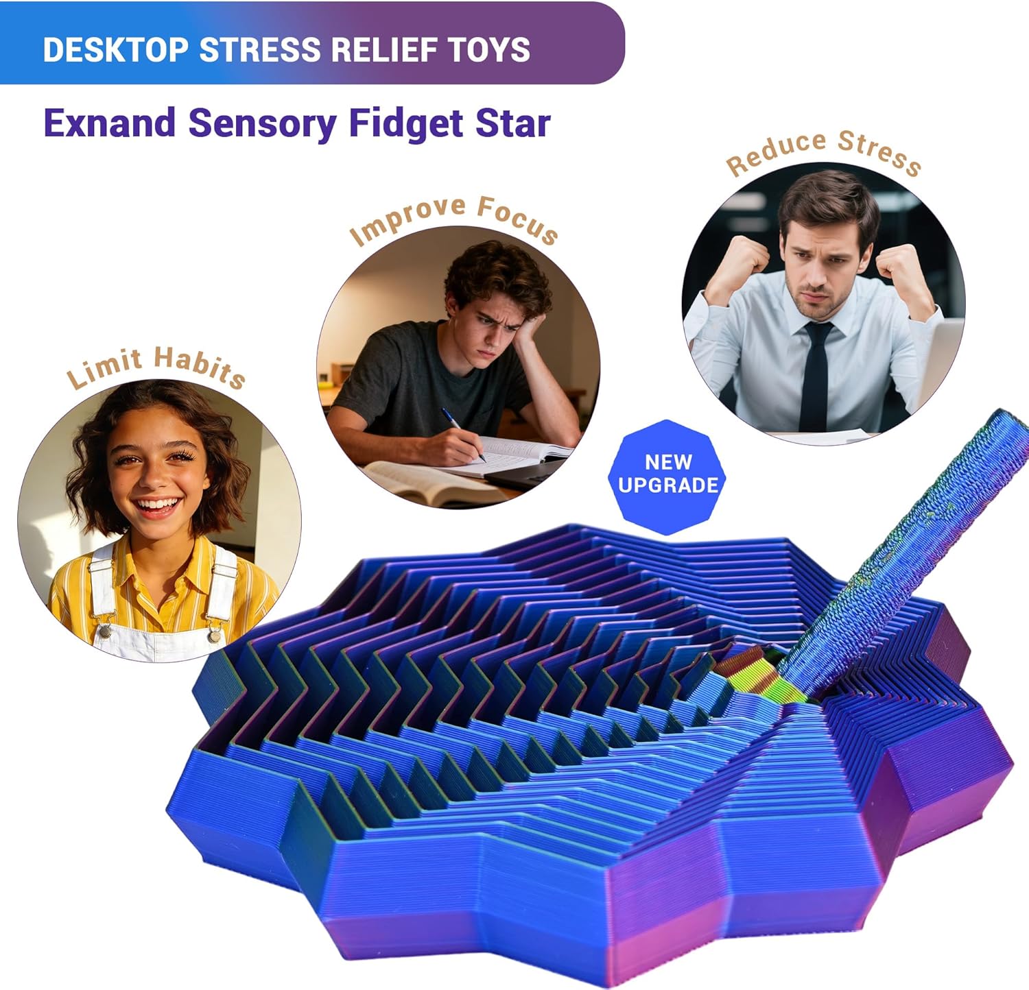2 Pcs 3D Printed Expanded Sensory Fidget Star, Colorful Fractal Fidget Hexagon with Handles Whirling Spiral Design Star Shaped Toys for Stress Relief