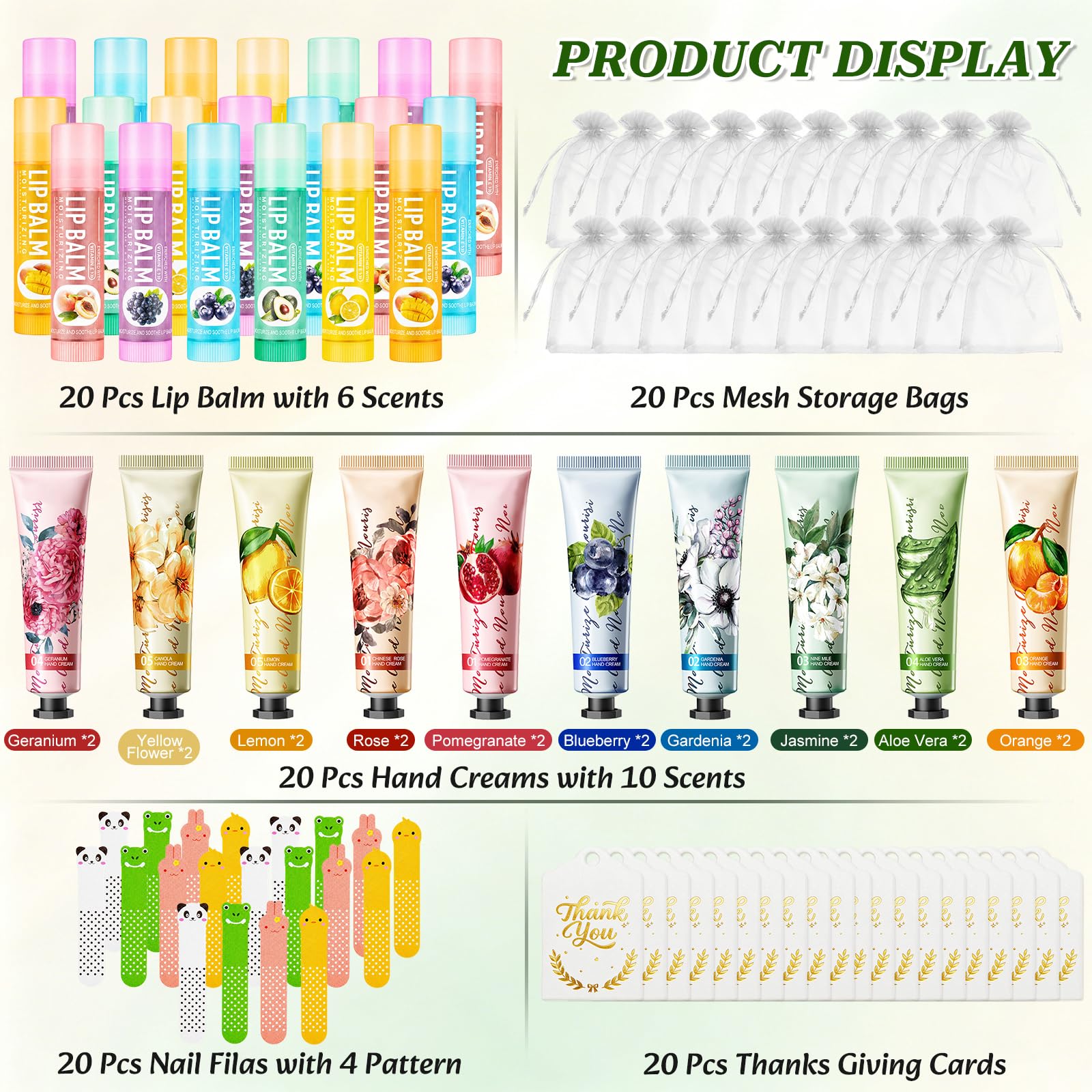 100Pcs Mini Crèmes pour les Mains, Coffret Crème de Mains pour Femme, Coffret Cadeaux Incluant Crèmes pour les Mains, Baumes à Lèvres, Mini-Limes à Ongles, Sachets en Organza & Cartes de Remerciement