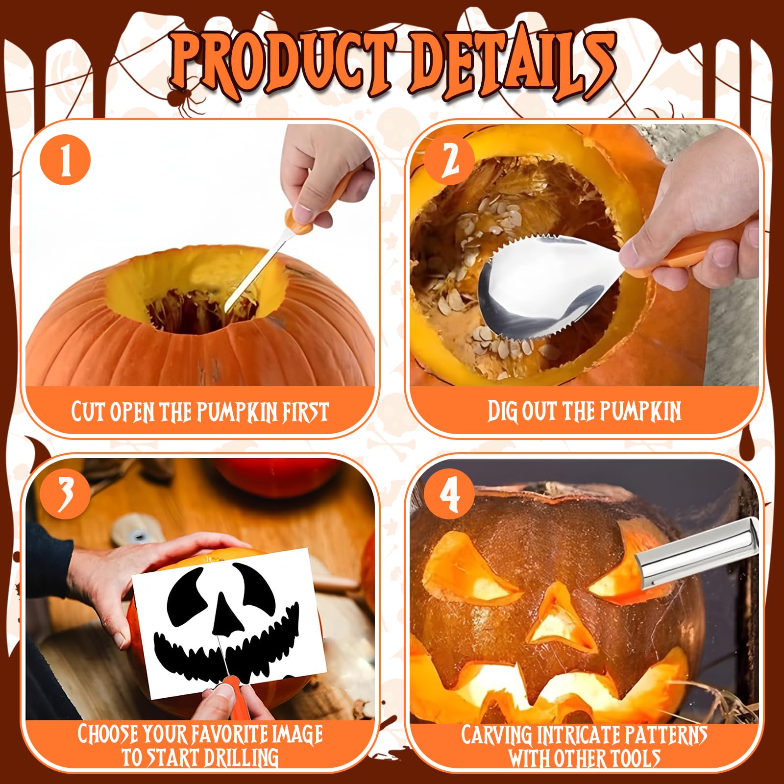 Kit De Tallado De Calabaza,Acero Inoxidable Kit De Tallado De Calabaza,Tallado De Calabaza De Halloween,Herramientas Profesionales De Acero Inoxidable Resistentes Con Funda De Transporte