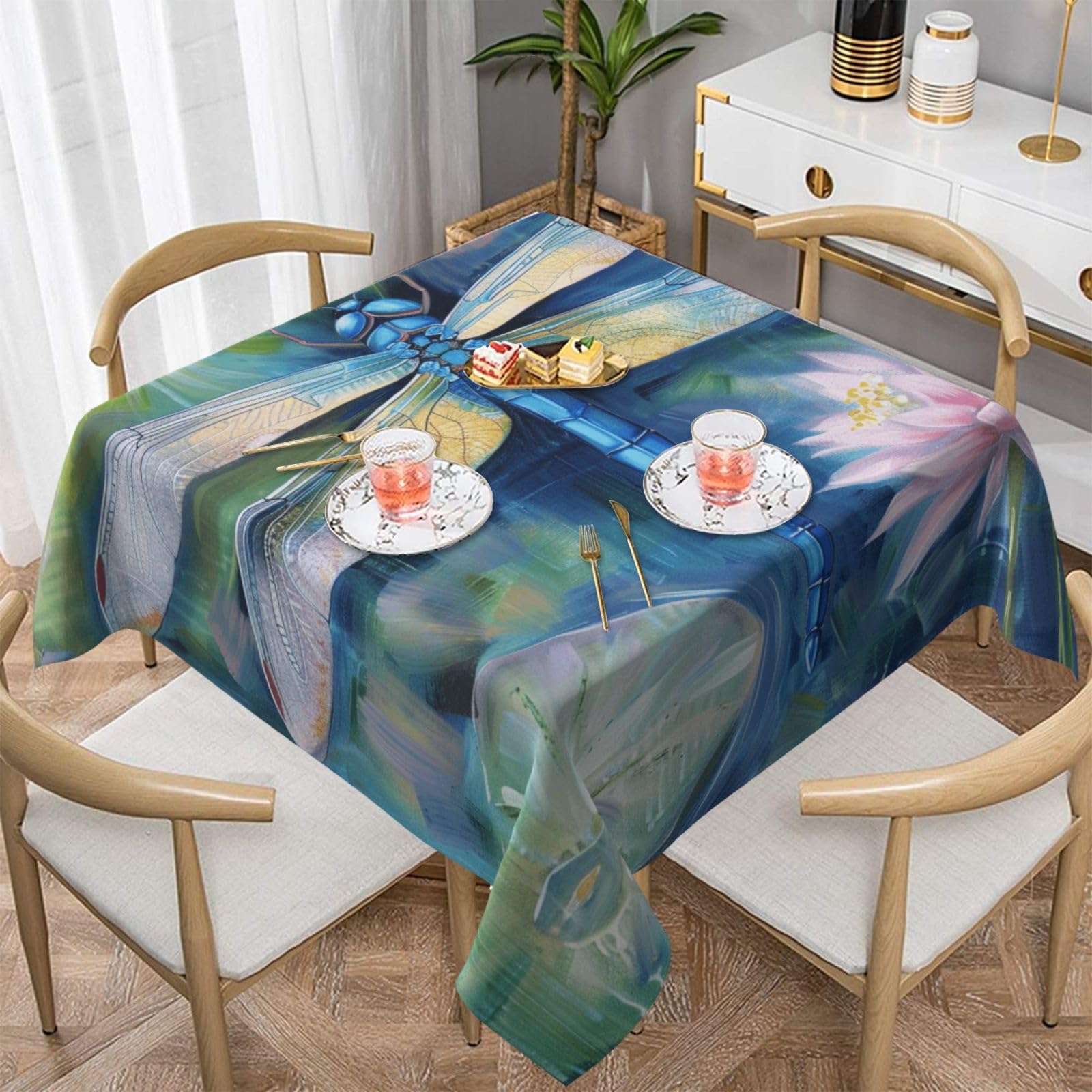 WPKJU Dragonfly Painting Printed Square Tablecloth 54x54 inch Water Resistant Table Cover Washable Rectangle Table Cloth for Dining Tables