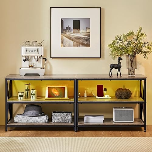 Miniatura 12 de Yaheetech Soporte de TV con toma de corriente, centro de entretenimiento industrial con luces LED para TV de 65 pulgadas, consola de TV de 3 niveles