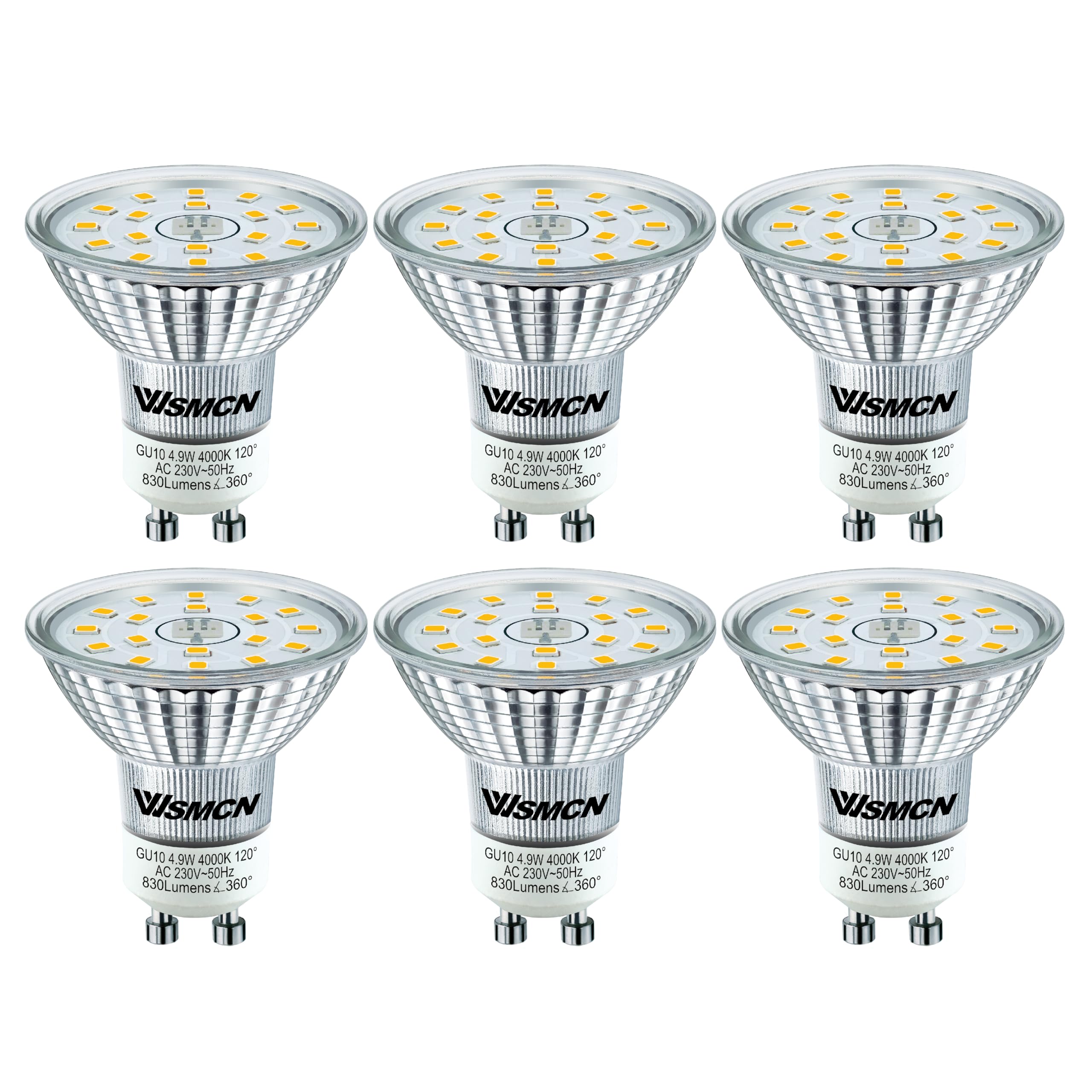 WSMCN GU10 LED Neutral White Energy Class C Bulb, 4.9W Replaces 100W Halogen Bulb, Reflector Bulb 830 Lumens 4000K, AC 230V Flicker-Free Spotlight, 120° Beam Angle, Non-Dimmable, Pack of 6